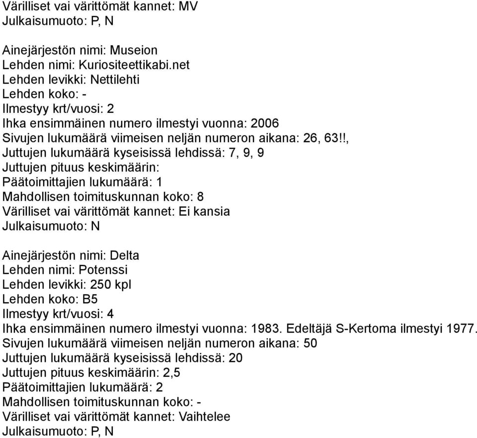 !, Juttujen lukumäärä kyseisissä lehdissä: 7, 9, 9 Mahdollisen toimituskunnan koko: 8 Värilliset vai värittömät kannet: Ei kansia Julkaisumuoto: N Ainejärjestön