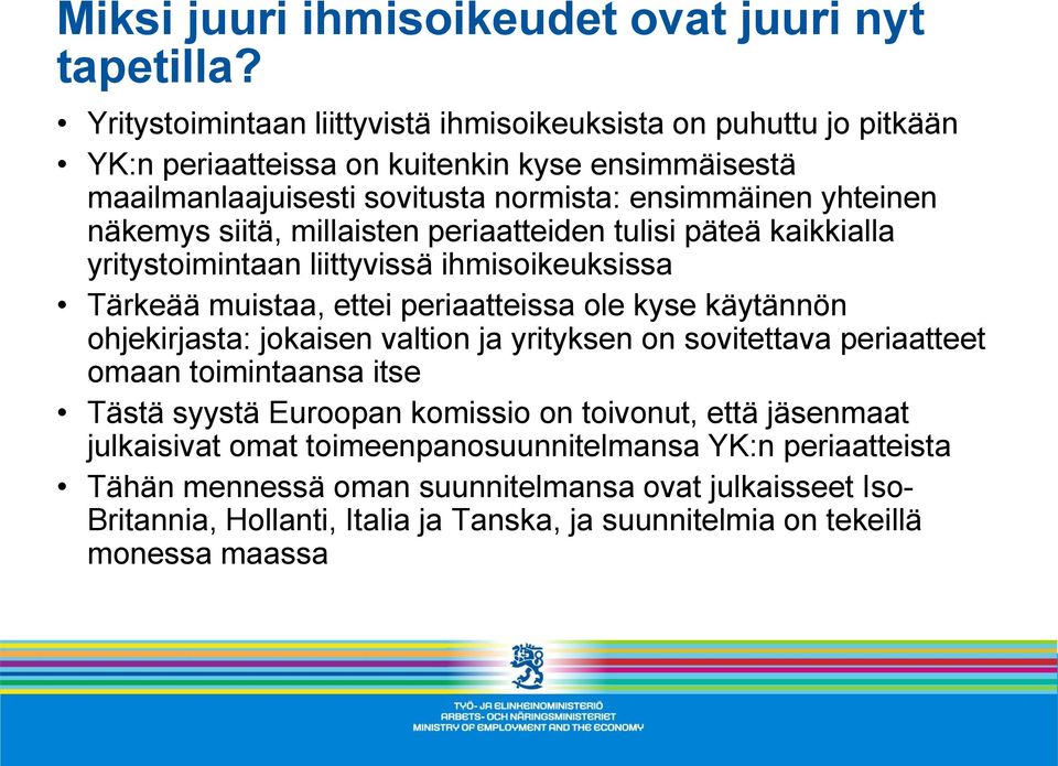 siitä, millaisten periaatteiden tulisi päteä kaikkialla yritystoimintaan liittyvissä ihmisoikeuksissa Tärkeää muistaa, ettei periaatteissa ole kyse käytännön ohjekirjasta: jokaisen