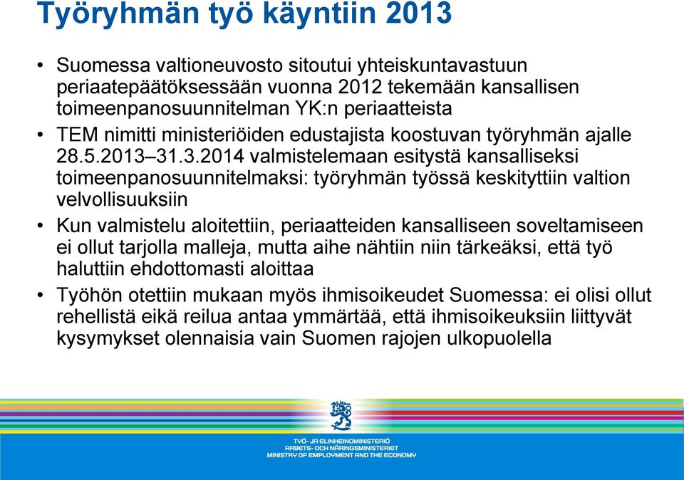 31.3.2014 valmistelemaan esitystä kansalliseksi toimeenpanosuunnitelmaksi: työryhmän työssä keskityttiin valtion velvollisuuksiin Kun valmistelu aloitettiin, periaatteiden kansalliseen