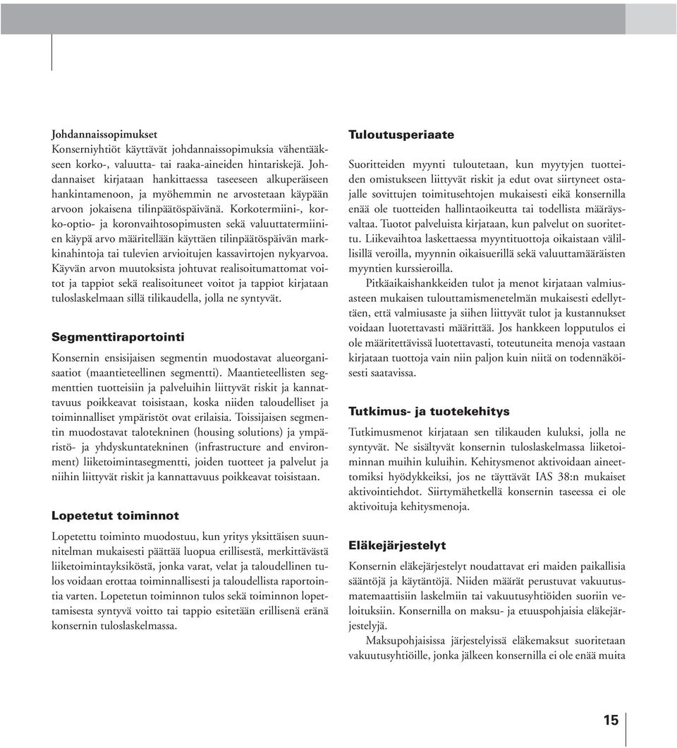 Korkotermiini-, korko-optio- ja koronvaihtosopimusten sekä valuuttatermiinien käypä arvo määritellään käyttäen tilinpäätöspäivän markkinahintoja tai tulevien arvioitujen kassavirtojen nykyarvoa.
