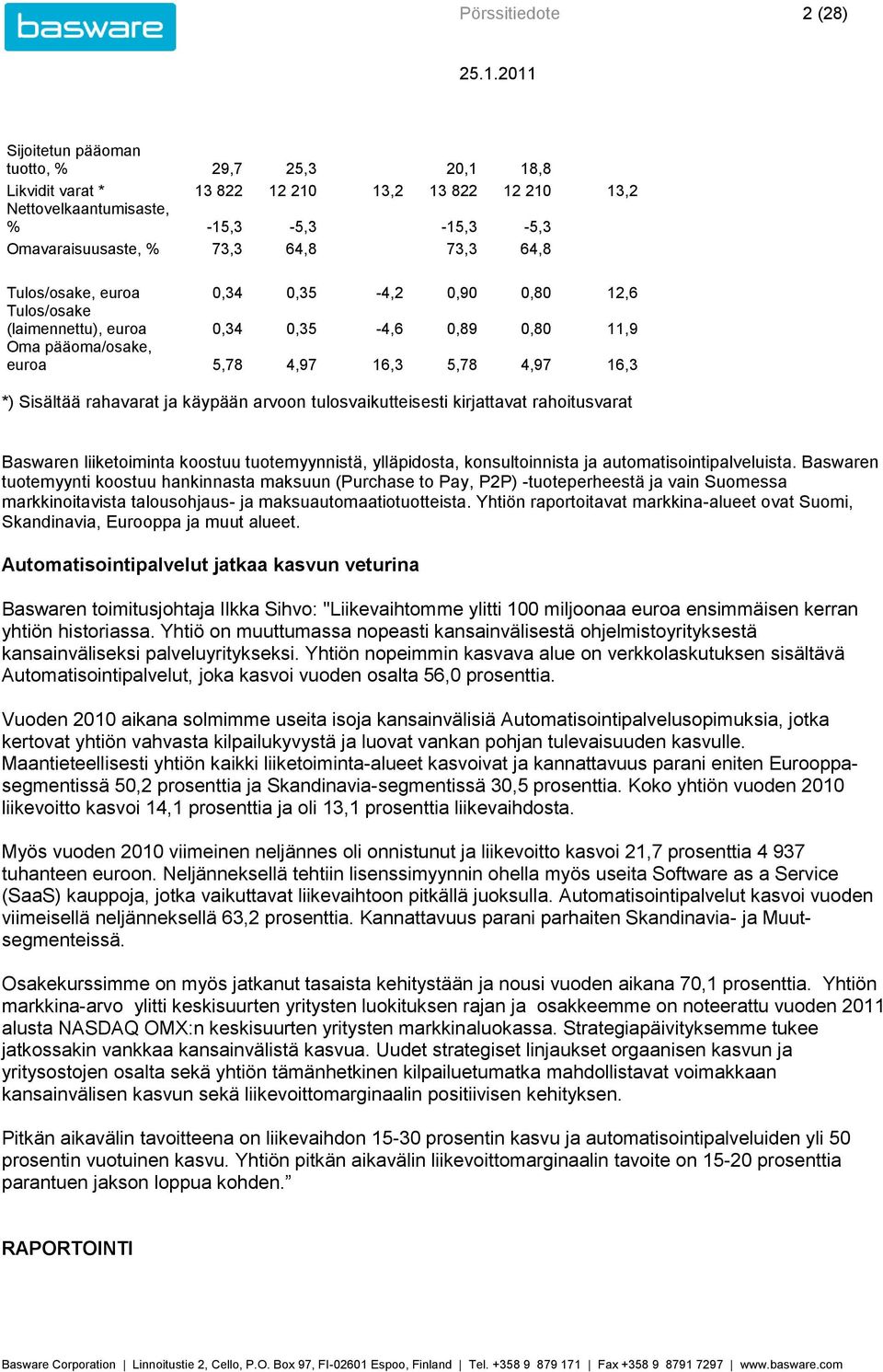 käypään arvoon tulosvaikutteisesti kirjattavat rahoitusvarat Baswaren liiketoiminta koostuu tuotemyynnistä, ylläpidosta, konsultoinnista ja automatisointipalveluista.