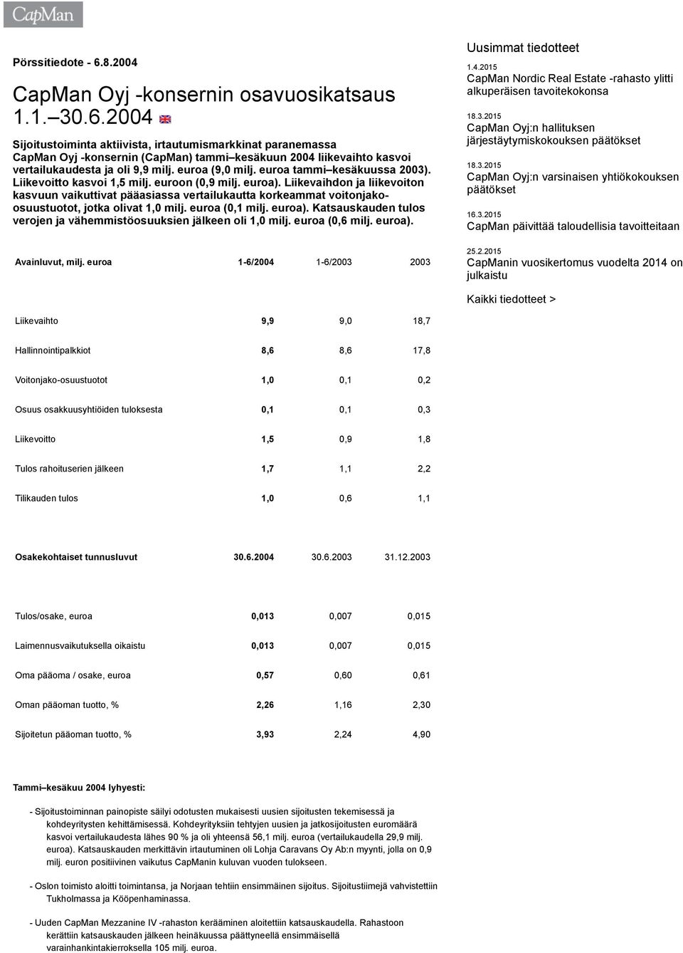 Liikevaihdon ja liikevoiton kasvuun vaikuttivat pääasiassa vertailukautta korkeammat voitonjakoosuustuotot, jotka olivat 1,0 milj. euroa (0,1 milj. euroa).