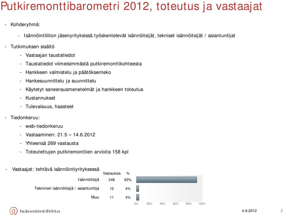 saneerausmenetelmät ja hankkeen toteutus - Kustannukset - Tulevaisuus, haasteet - Tiedonkeruu: - web-tiedonkeruu - Vastaaminen: 21.5 14.6.