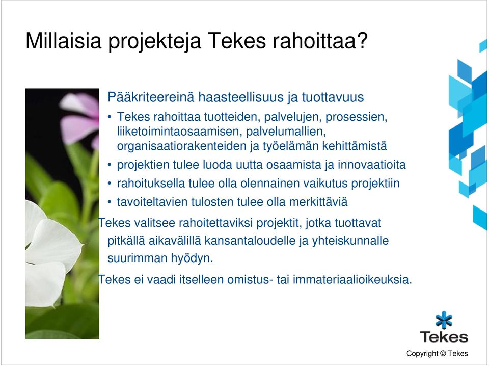 organisaatiorakenteiden ja työelämän kehittämistä projektien tulee luoda uutta osaamista ja innovaatioita rahoituksella tulee olla olennainen