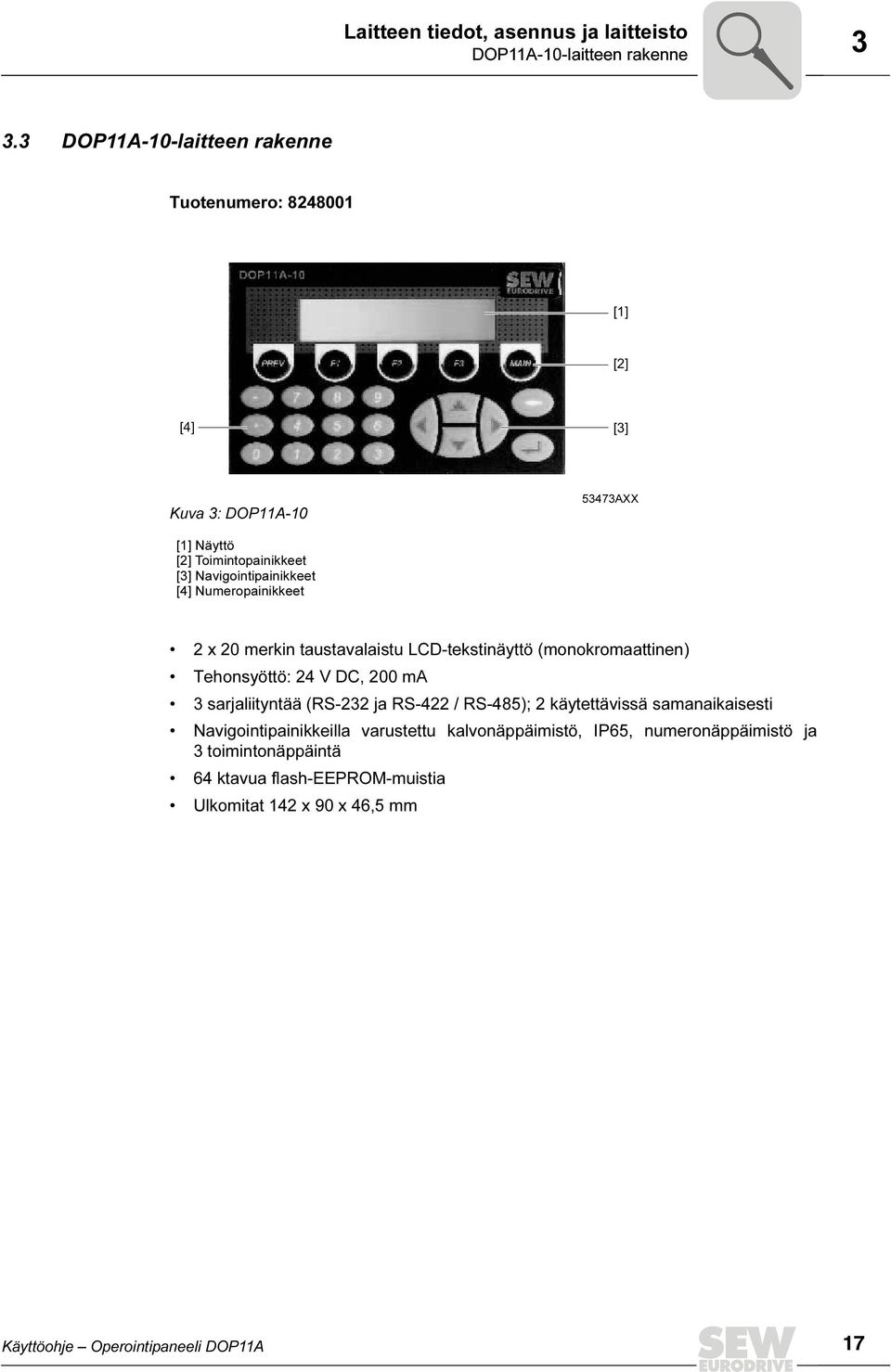 [4] Numeropainikkeet 2 x 20 merkin taustavalaistu LCD-tekstinäyttö (monokromaattinen) Tehonsyöttö: 24 V DC, 200 ma 3 sarjaliityntää (RS-232 ja RS-422 /