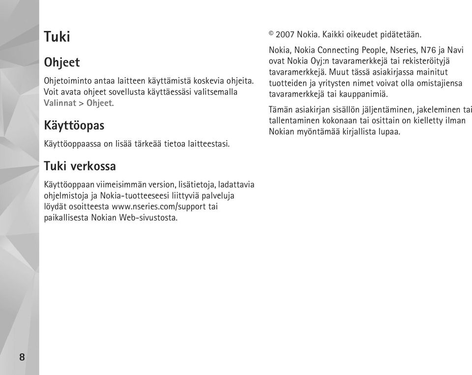 Tuki verkossa Käyttöoppaan viimeisimmän version, lisätietoja, ladattavia ohjelmistoja ja Nokia-tuotteeseesi liittyviä palveluja löydät osoitteesta www.nseries.