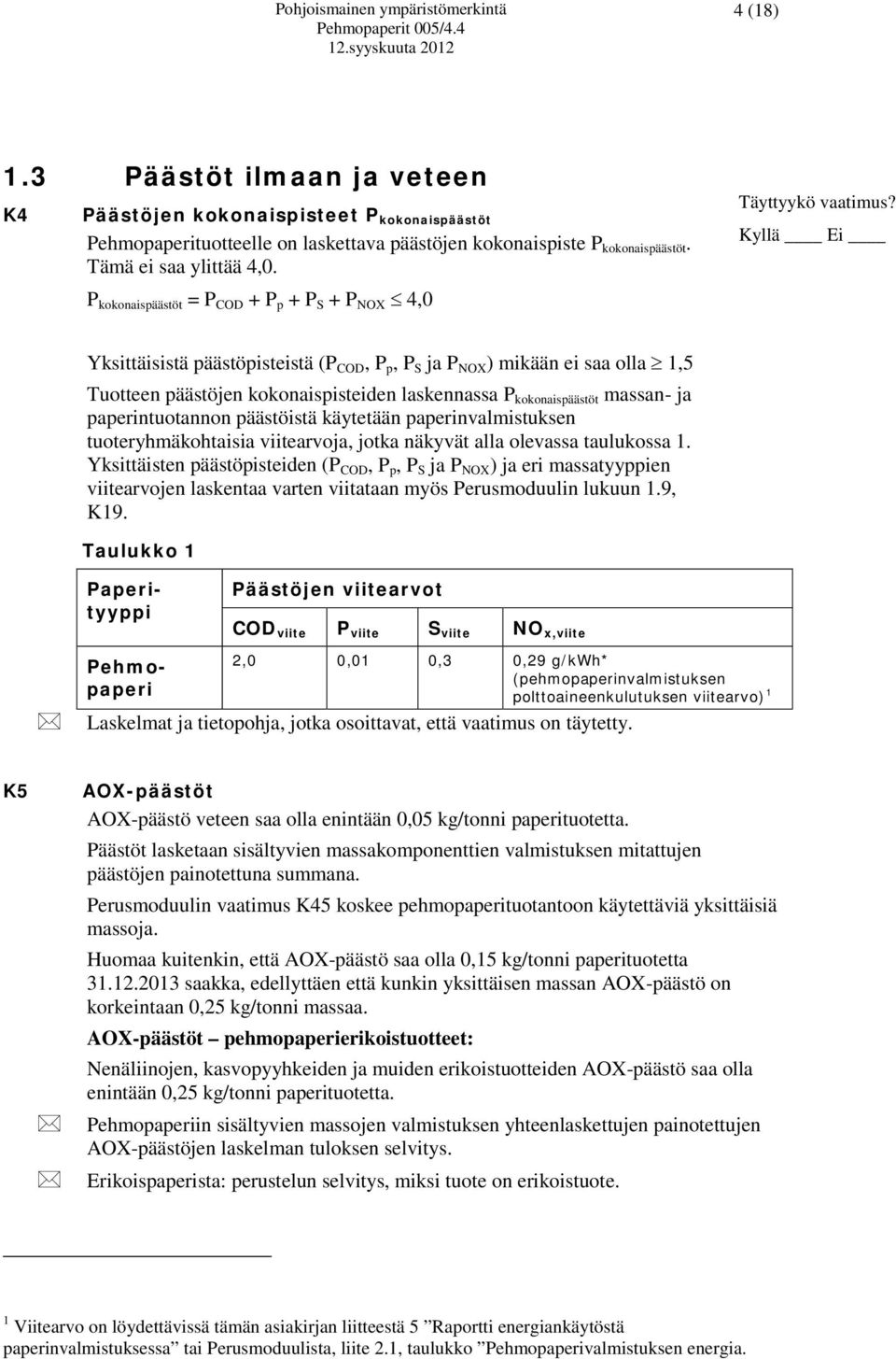 Yksittäisistä päästöpisteistä (P COD, P p, P S ja P NOX ) mikään ei saa olla 1,5 Tuotteen päästöjen kokonaispisteiden laskennassa P kokonaispäästöt massan- ja paperintuotannon päästöistä käytetään