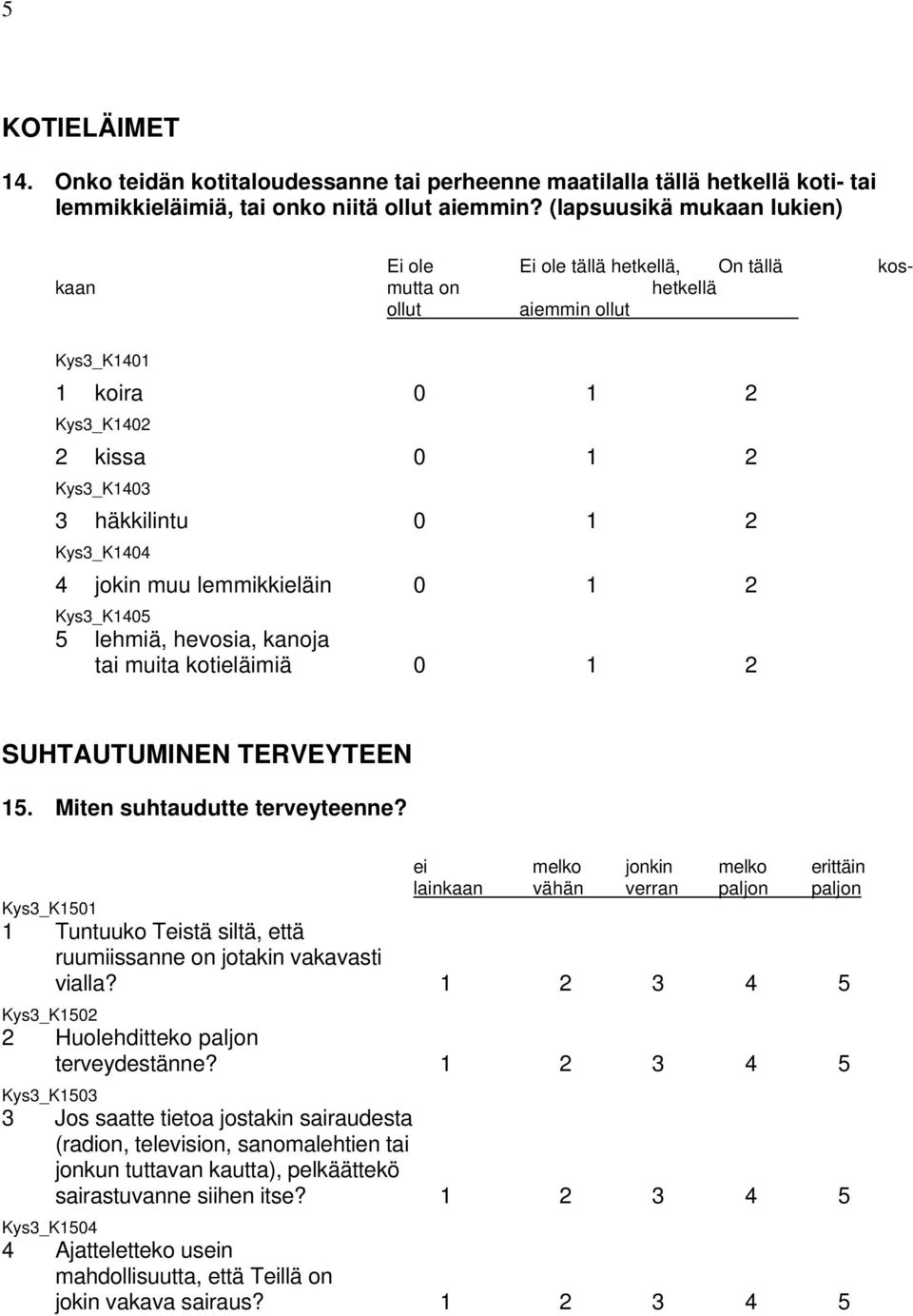 Kys3_K1404 4 jokin muu lemmikkieläin 0 1 2 Kys3_K1405 5 lehmiä, hevosia, kanoja tai muita kotieläimiä 0 1 2 SUHTAUTUMINEN TERVEYTEEN 15. Miten suhtaudutte terveyteenne?