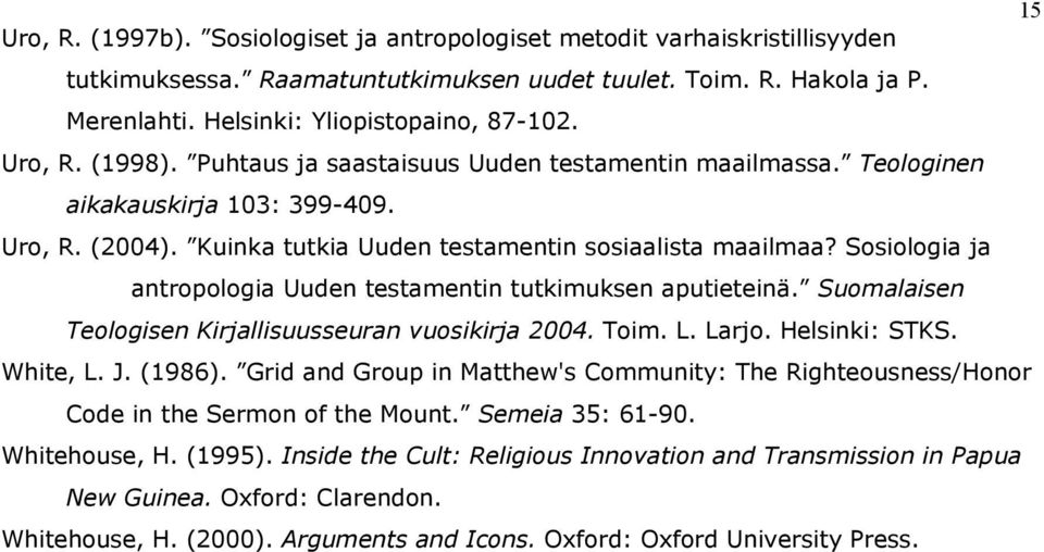 Sosiologia ja antropologia Uuden testamentin tutkimuksen aputieteinä. Suomalaisen Teologisen Kirjallisuusseuran vuosikirja 2004. Toim. L. Larjo. Helsinki: STKS. White, L. J. (1986).