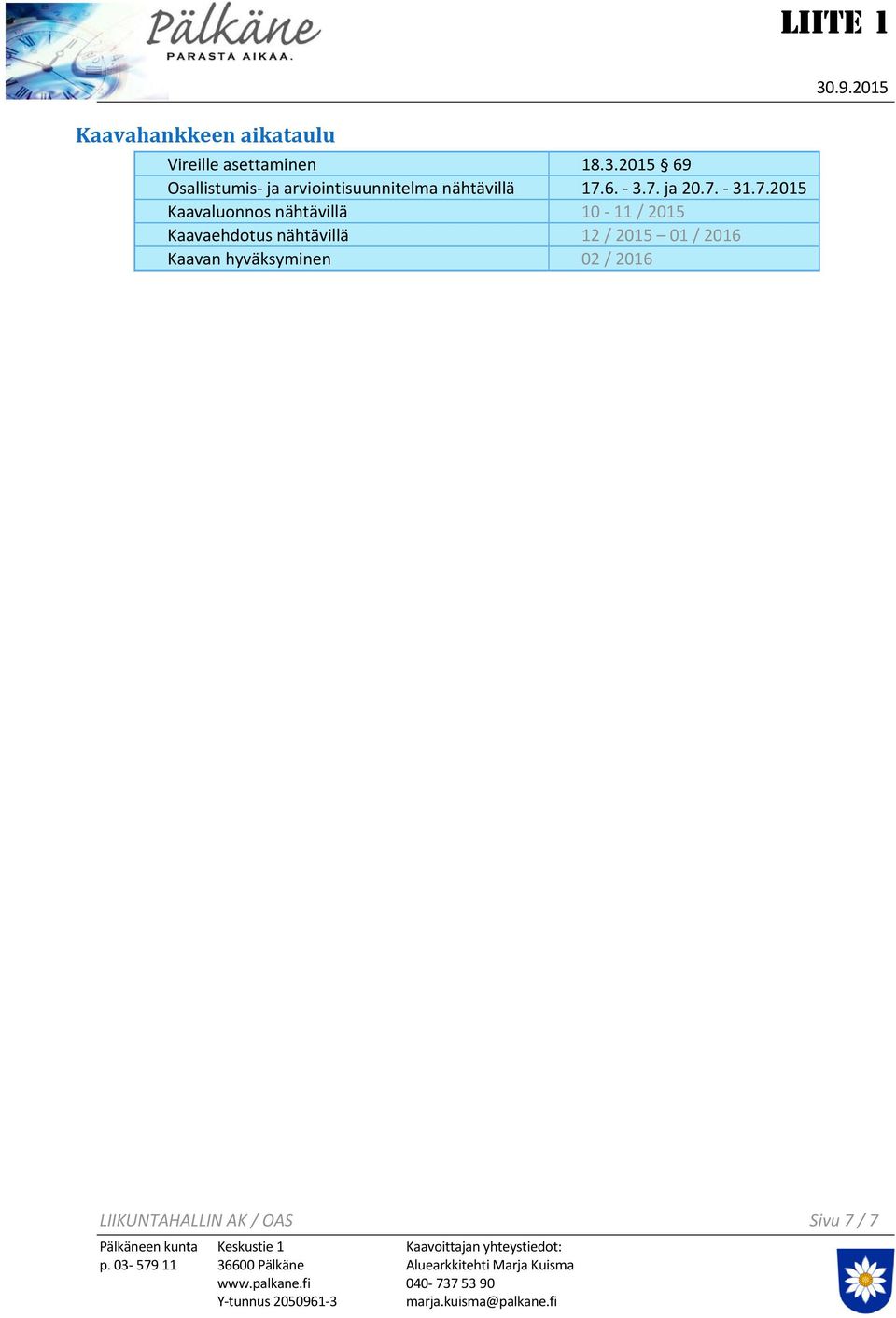 9.2015 LIIKUNTAHALLIN AK / OAS Sivu 7 / 7 Pälkäneen kunta Keskustie 1 Kaavoittajan yhteystiedot: p.