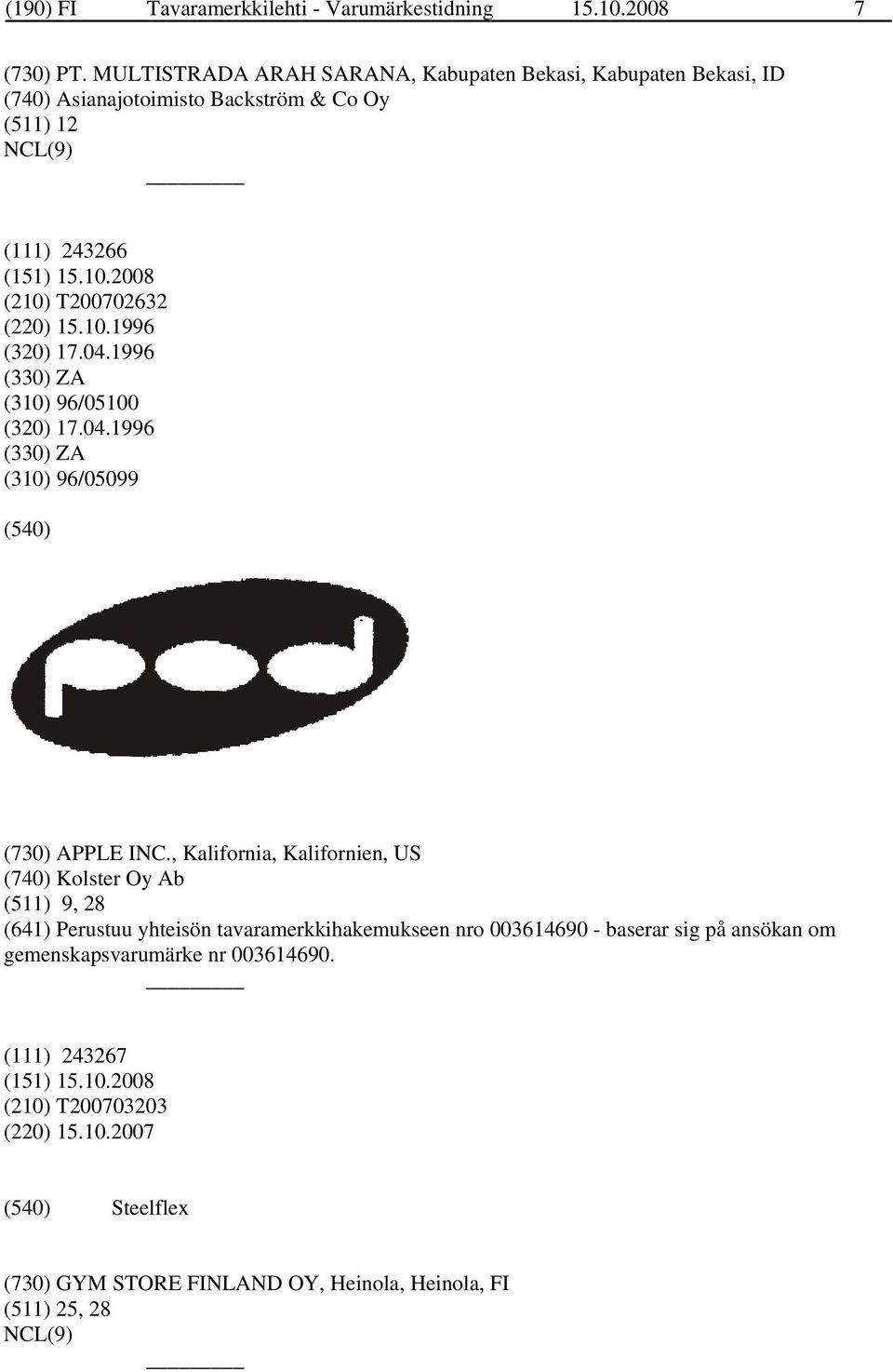 04.1996 (330) ZA (310) 96/05100 (320) 17.04.1996 (330) ZA (310) 96/05099 (730) APPLE INC.