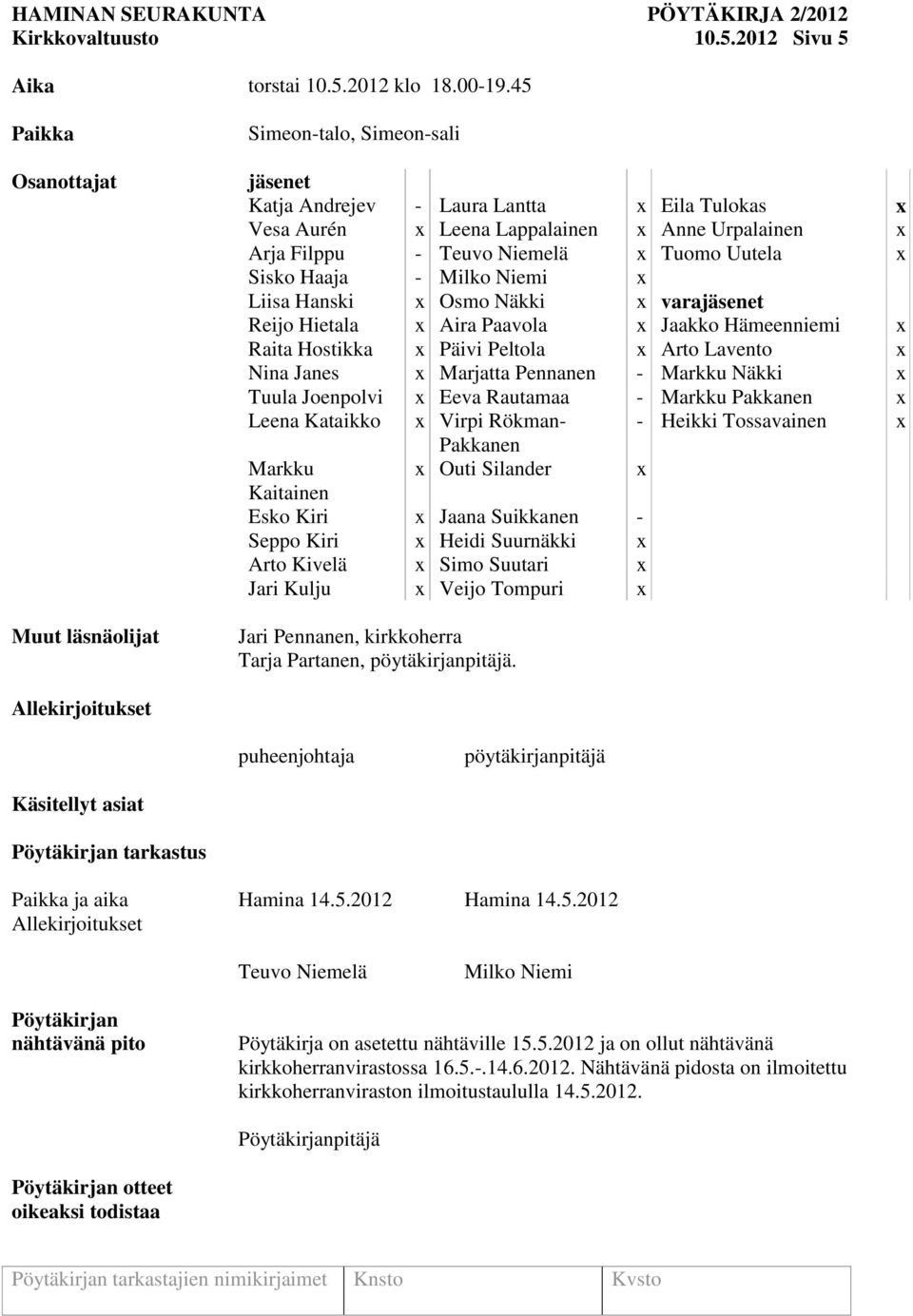 Tuomo Uutela x Sisko Haaja - Milko Niemi x Liisa Hanski x Osmo Näkki x varajäsenet Reijo Hietala x Aira Paavola x Jaakko Hämeenniemi x Raita Hostikka x Päivi Peltola x Arto Lavento x Nina Janes x