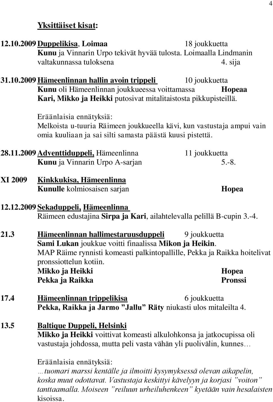 2009 Adventtiduppeli, Hämeenlinna 11 joukkuetta Kunu ja Vinnarin Urpo A-sarjan 5.-8. XI 2009 Kinkkukisa, Hämeenlinna Kunulle kolmiosaisen sarjan Hopea 12.