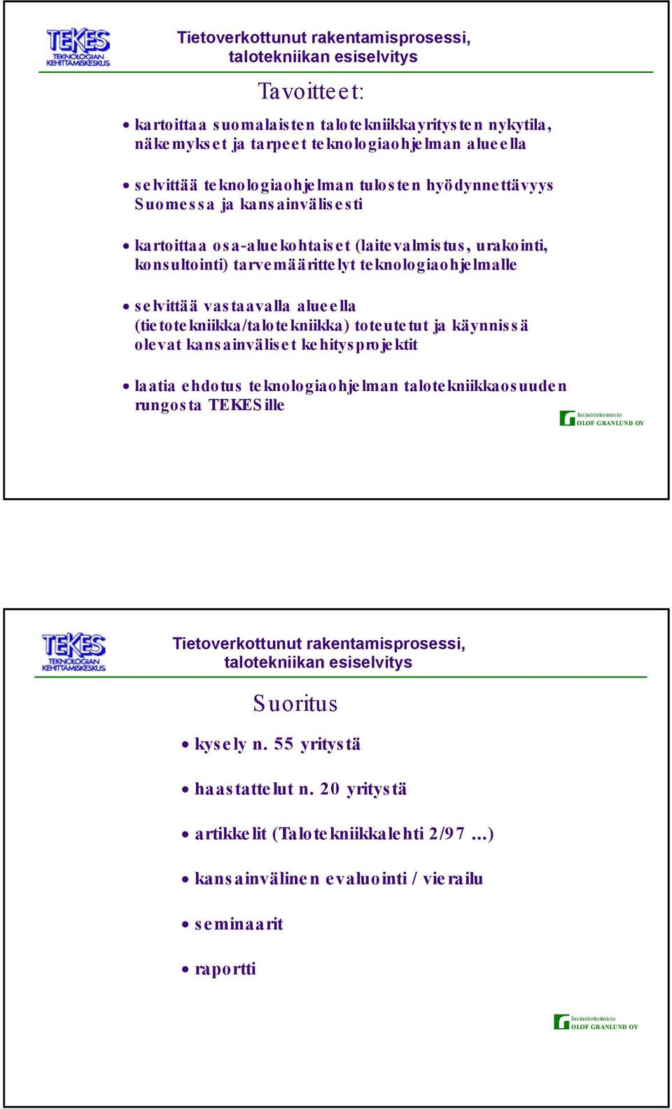 alueella (tie tote kniikka/talote kniikka) tote ute tut ja käynnis s ä olevat kansainväliset kehitysprojektit laatia ehdotus teknologiaohjelman talotekniikkaosuuden rungos ta TEKES