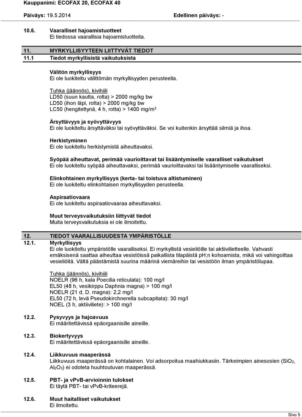 Tuhka (jäännös), kivihiili LD50 (suun kautta, rotta) > 2000 mg/kg bw LD50 (ihon läpi, rotta) > 2000 mg/kg bw LC50 (hengitettynä, 4 h, rotta) > 1400 mg/m 3 Ärsyttävyys ja syövyttävyys Ei ole