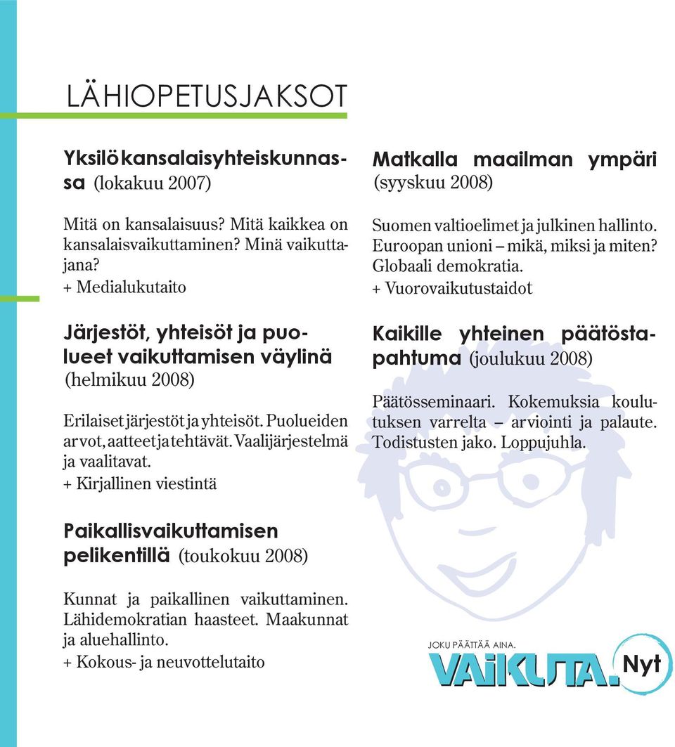 + Kirjallinen viestintä Matkalla maailman ympäri (syyskuu 2008) Suomen valtioelimet ja julkinen hallinto. Euroopan unioni mikä, miksi ja miten? Globaali demokratia.