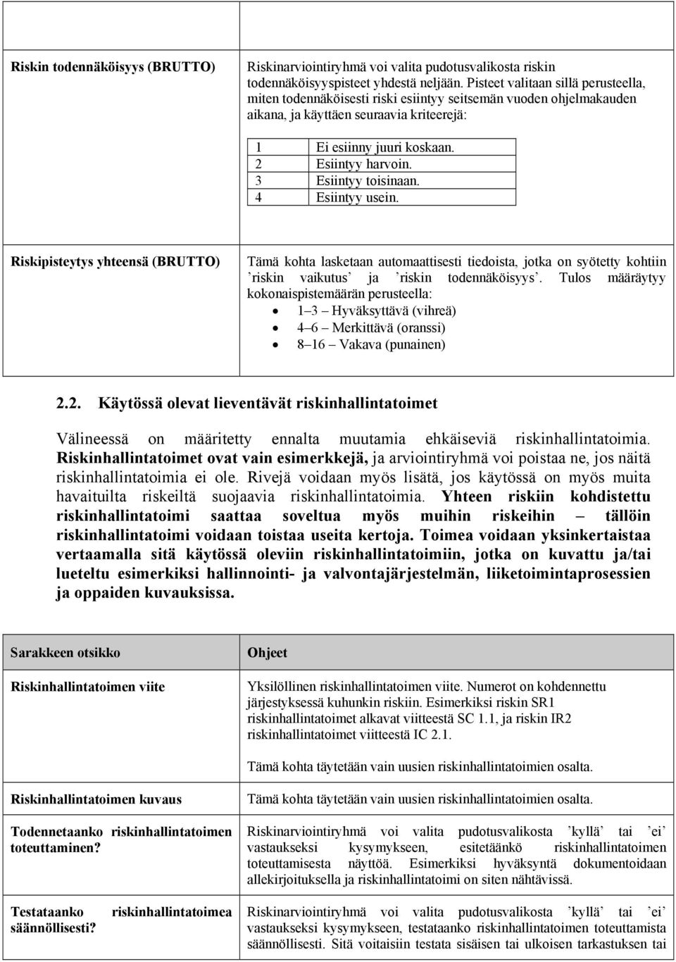 3 Esiintyy toisinaan. 4 Esiintyy usein. Riskipisteytys yhteensä (BRUTTO) Tämä kohta lasketaan automaattisesti tiedoista, jotka on syötetty kohtiin riskin vaikutus ja riskin todennäköisyys.