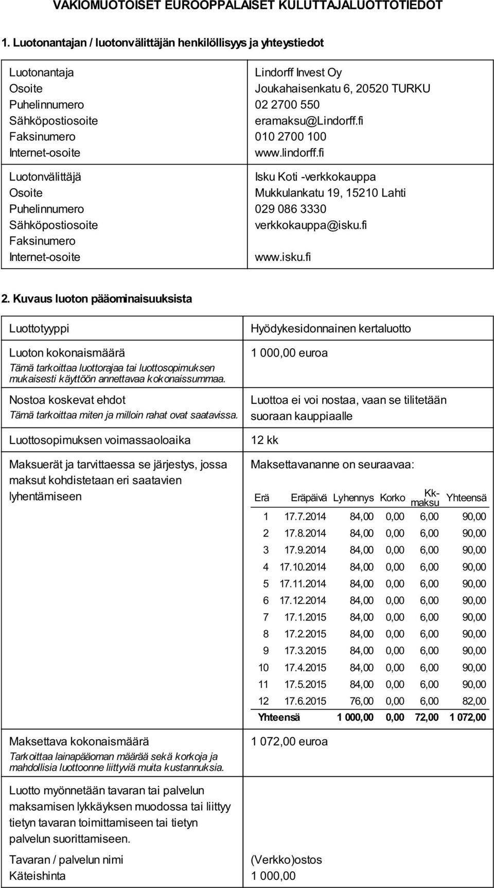 Internet-osoite Lindorff Invest Oy Joukahaisenkatu 6, 20520 TURKU 02 2700 550 eramaksu@lindorff.fi 010 2700 100 www.lindorff.fi Isku Koti -verkkokauppa Mukkulankatu 19, 15210 Lahti 029 086 3330 verkkokauppa@isku.