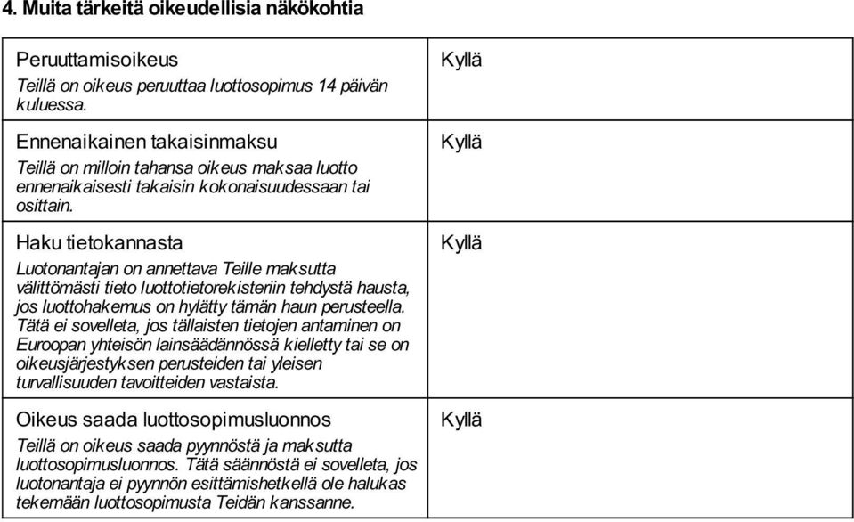 Haku tietokannasta Luotonantajan on annettava Teille maksutta välittömästi tieto luottotietorekisteriin tehdystä hausta, jos luottohakemus on hylätty tämän haun perusteella.