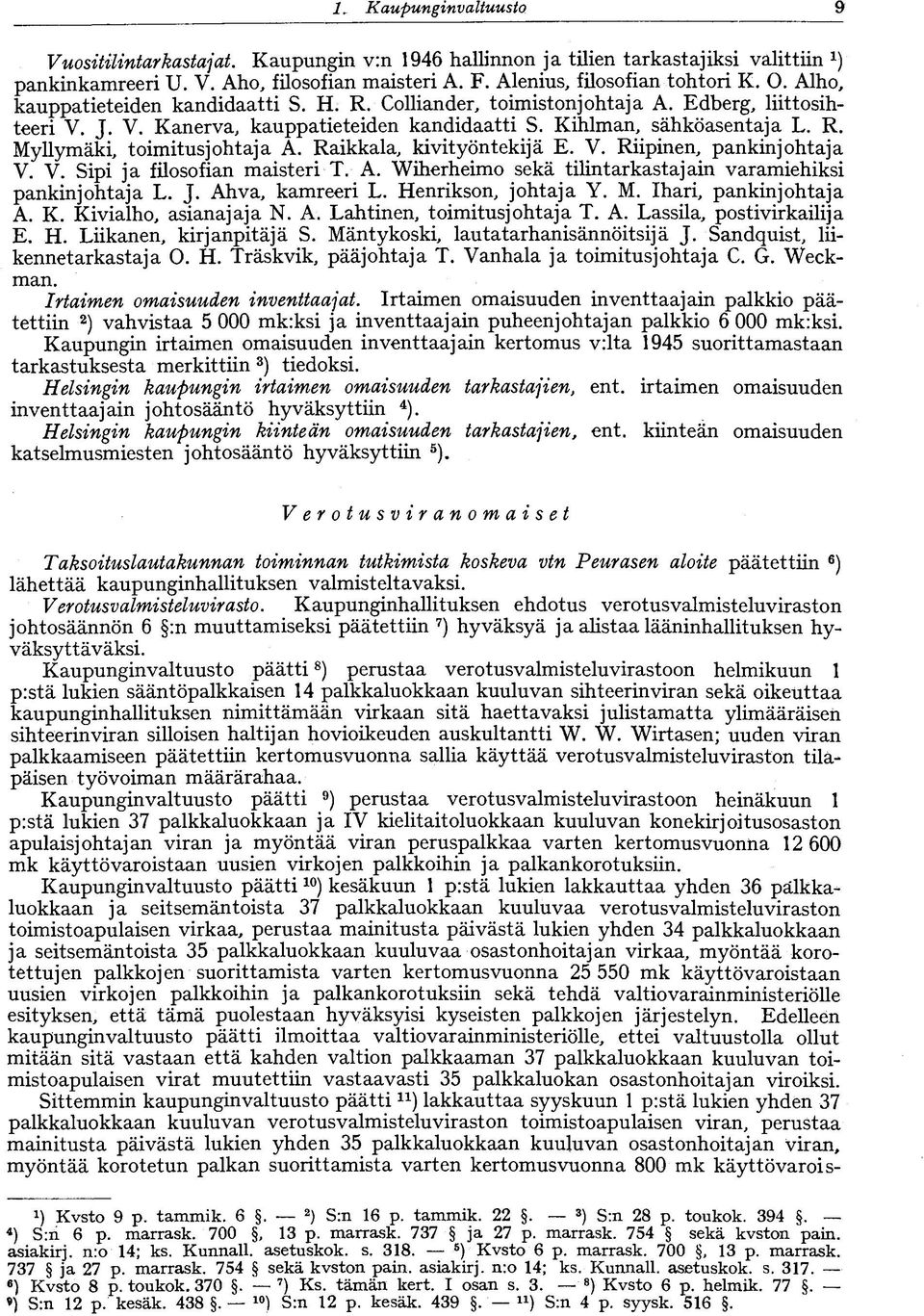 Raikkala, kivityöntekijä E. V. Riipinen, pankinjohtaja V. V. Sipi ja filosofian maisteri T. A. Wiherheimo sekä tilintarkastajain varamiehiksi pankinjohtaja L. J. Ahva, kamreeri L.