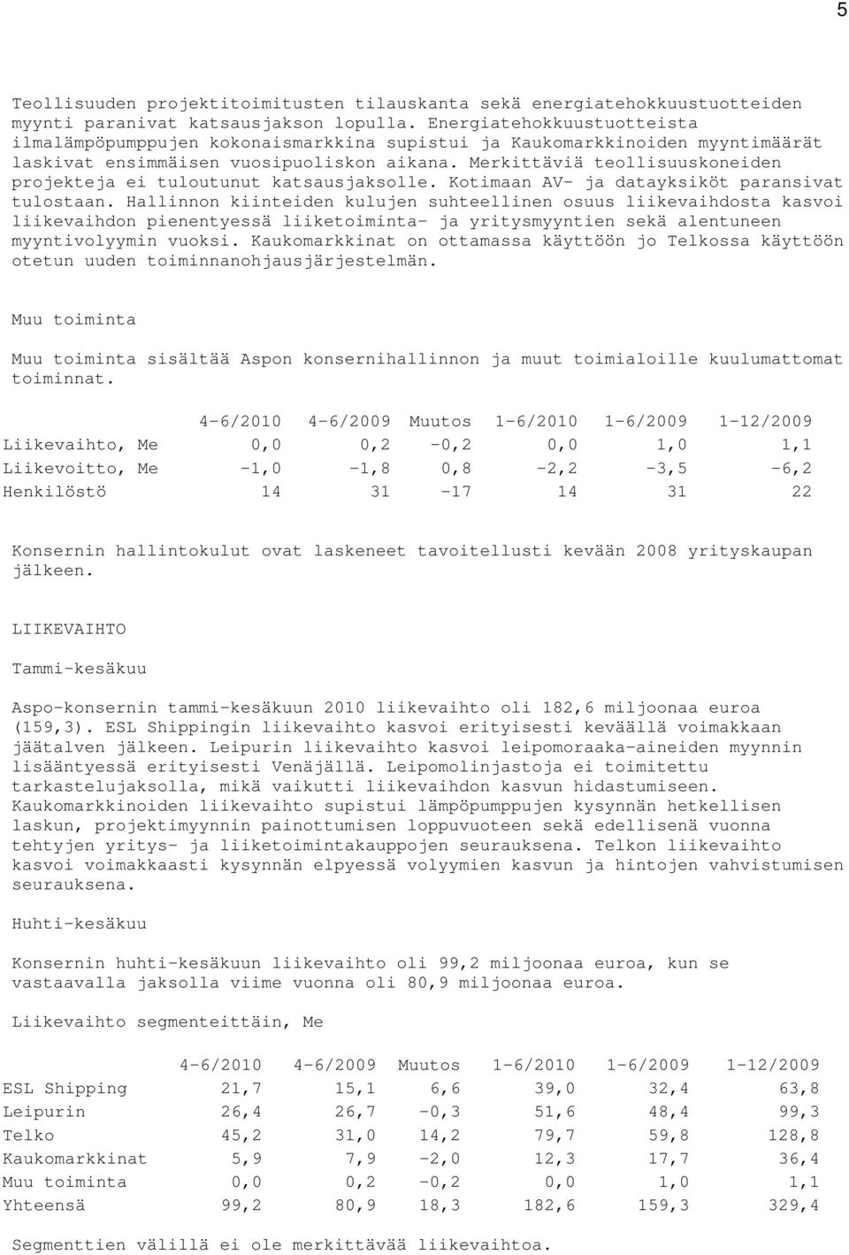 Merkittäviä teollisuuskoneiden projekteja ei tuloutunut katsausjaksolle. Kotimaan AV- ja datayksiköt paransivat tulostaan.