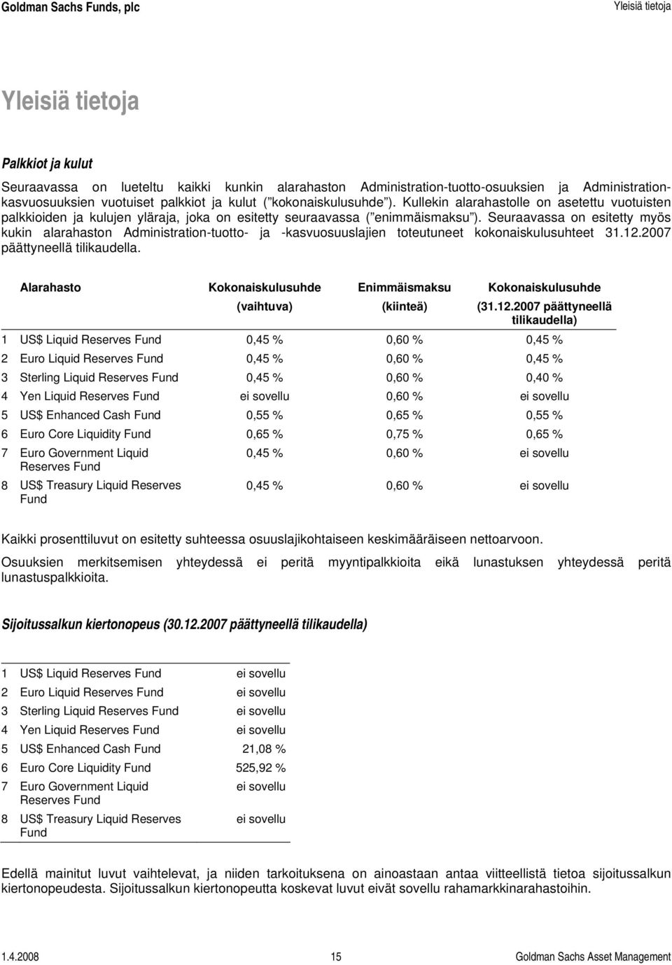 Seuraavassa on esitetty myös kukin alarahaston Administration-tuotto- ja -kasvuosuuslajien toteutuneet kokonaiskulusuhteet 31.12.2007 päättyneellä tilikaudella.