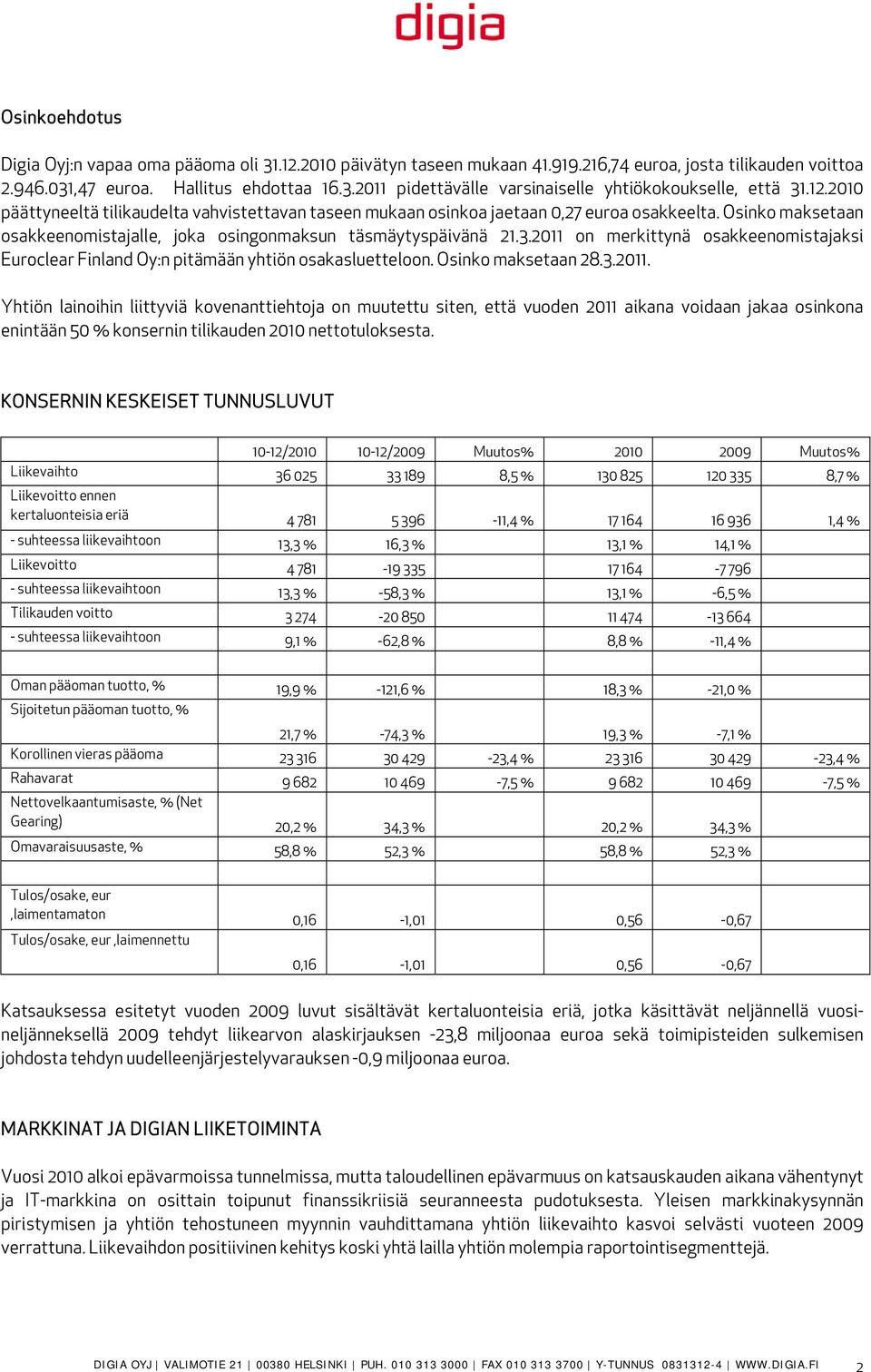 2011 on merkittynä osakkeenomistajaksi Euroclear Finland Oy:n pitämään yhtiön osakasluetteloon. Osinko maksetaan 28.3.2011. Yhtiön lainoihin liittyviä kovenanttiehtoja on muutettu siten, että vuoden 2011 aikana voidaan jakaa osinkona enintään 50 % konsernin tilikauden 2010 nettotuloksesta.