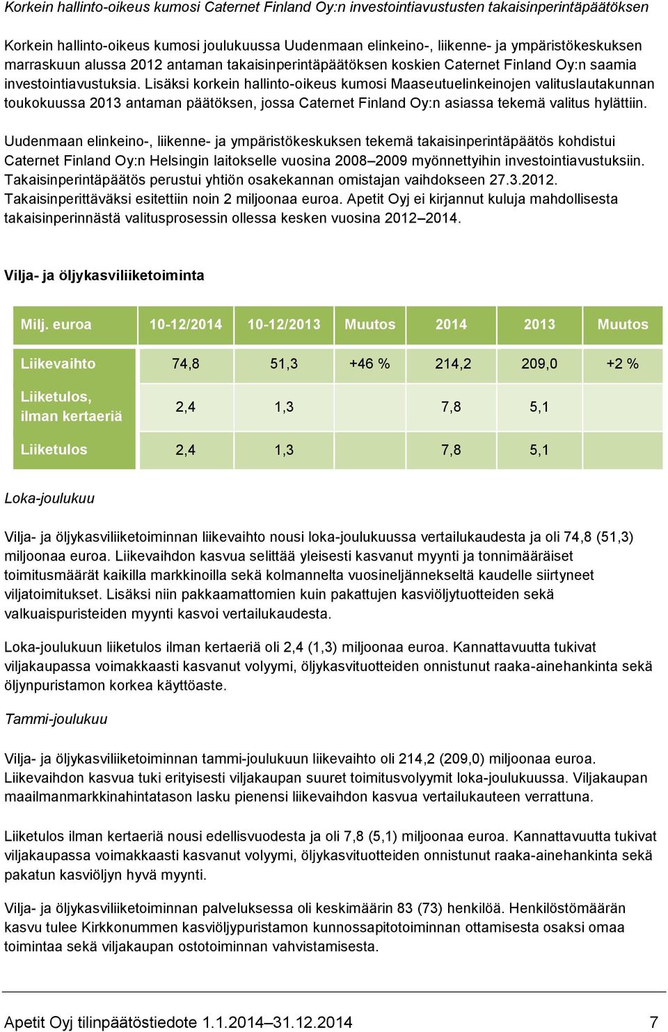 Lisäksi korkein hallinto-oikeus kumosi Maaseutuelinkeinojen valituslautakunnan toukokuussa 2013 antaman päätöksen, jossa Caternet Finland Oy:n asiassa tekemä valitus hylättiin.
