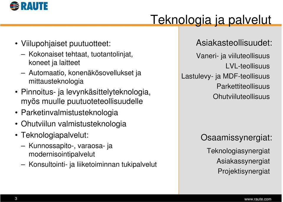 Teknologiapalvelut: Kunnossapito-, varaosa- ja modernisointipalvelut Konsultointi- ja liiketoiminnan tukipalvelut Asiakasteollisuudet: Vaneri- ja