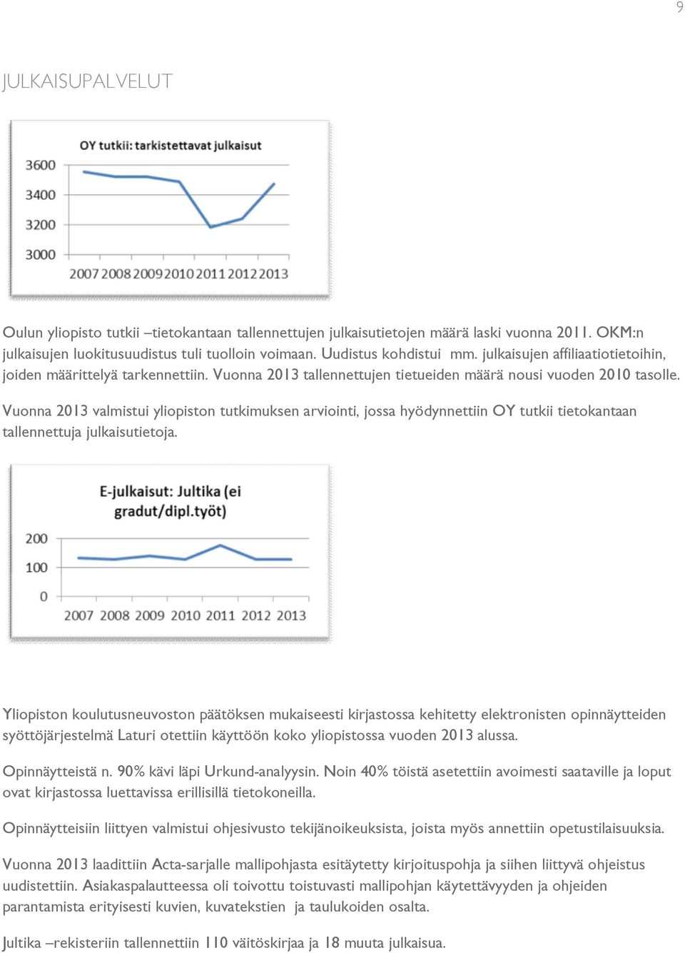 Vuonna 2013 valmistui yliopiston tutkimuksen arviointi, jossa hyödynnettiin OY tutkii tietokantaan tallennettuja julkaisutietoja.