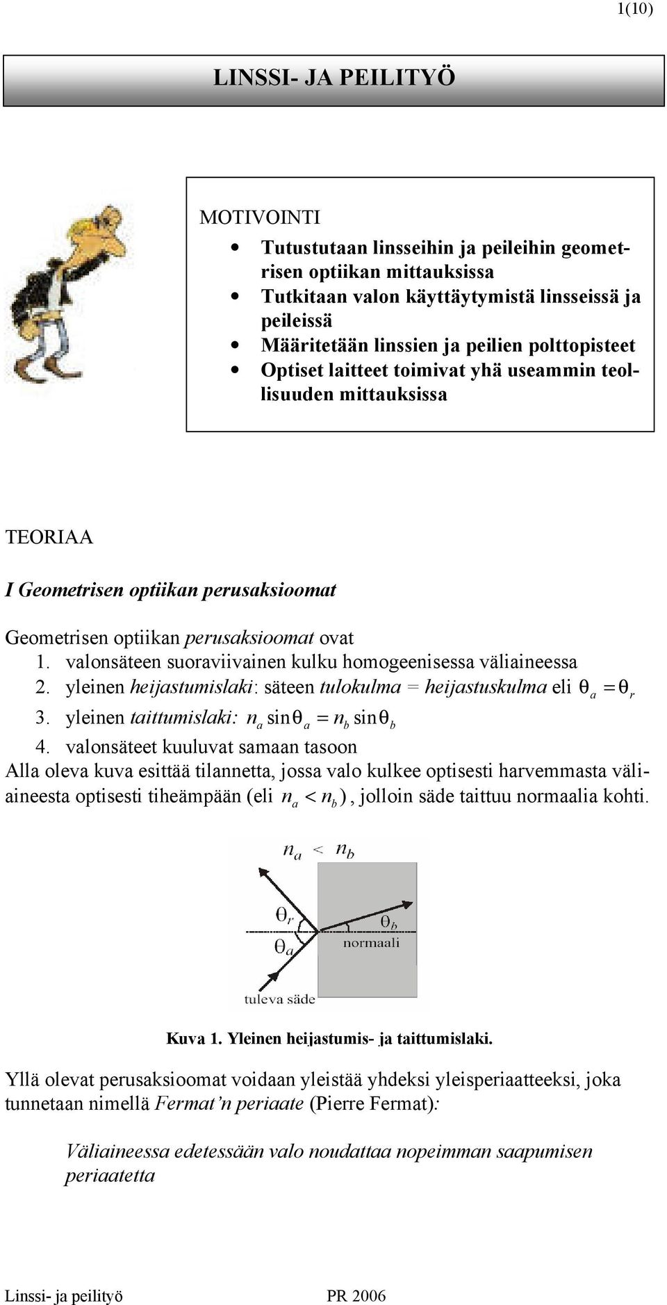 yleinen heijstumislki: säteen tulokulm = heijstuskulm eli θ = θr 3. yleinen tittumislki: n sin θ = nb sinθb 4.