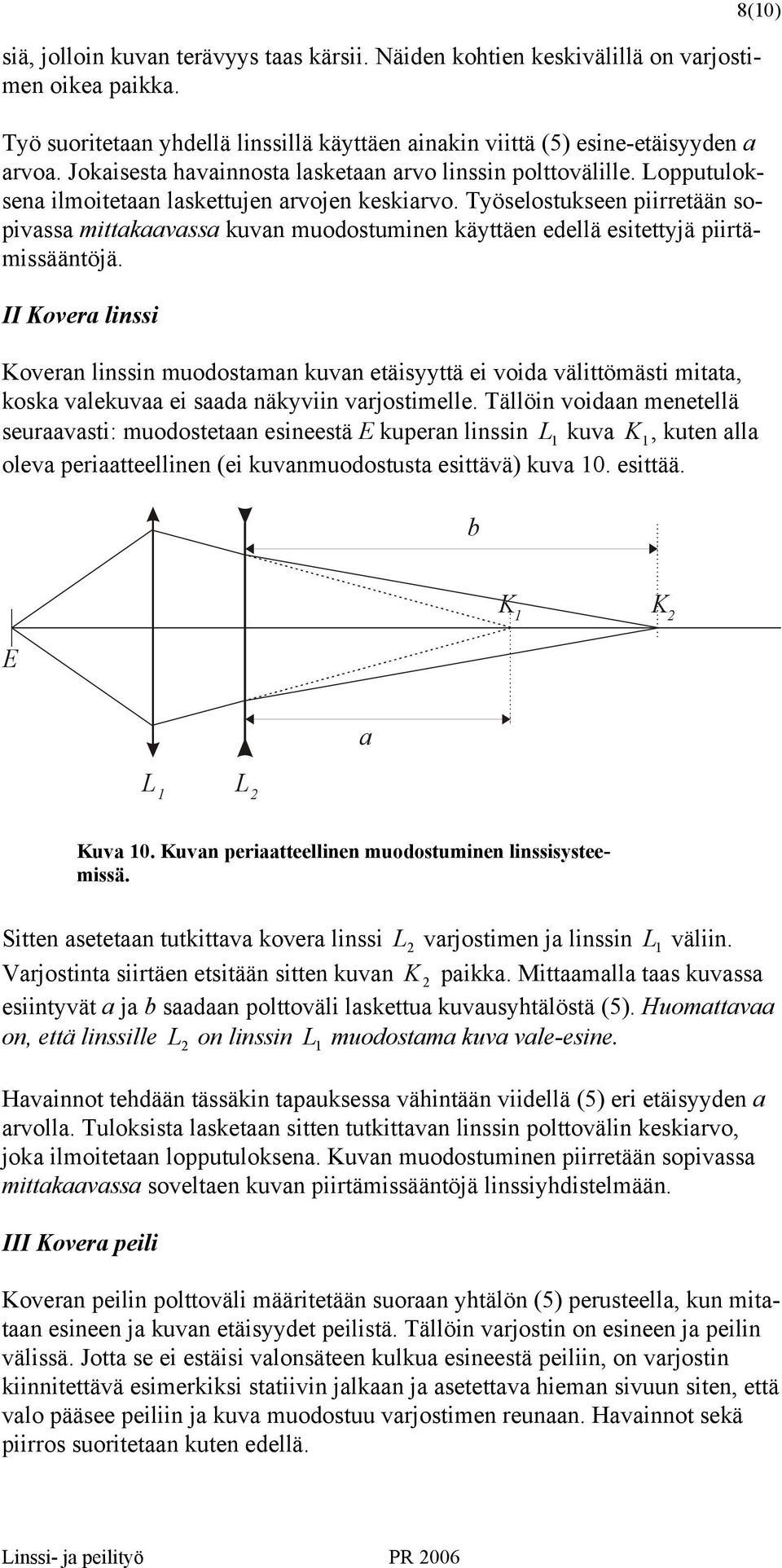 Työselostukseen piirretään sopivss mittkvss kuvn muodostuminen käyttäen edellä esitettyjä piirtämissääntöjä.