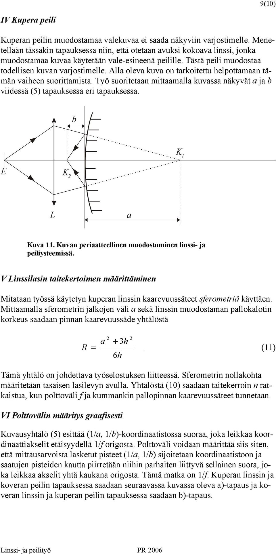 b K E K L Kuv. Kuvn peritteellinen muodostuminen linssi- j peiliysteemissä. V Linssilsin titekertoimen määrittäminen Mittn työssä käytetyn kupern linssin krevuussäteet sferometriä käyttäen.