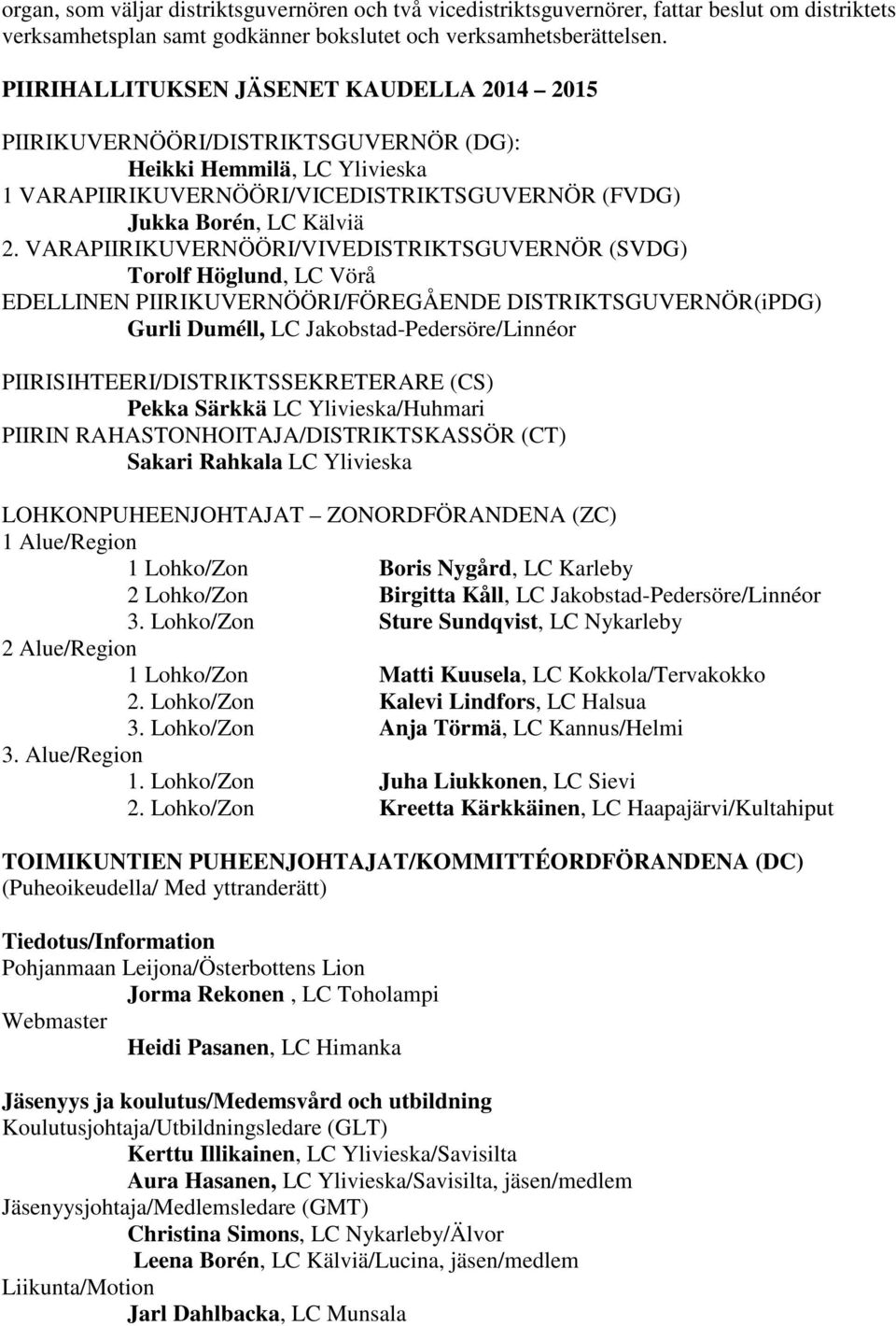 VARAPIIRIKUVERNÖÖRI/VIVEDISTRIKTSGUVERNÖR (SVDG) Torolf Höglund, LC Vörå EDELLINEN PIIRIKUVERNÖÖRI/FÖREGÅENDE DISTRIKTSGUVERNÖR(iPDG) Gurli Duméll, LC Jakobstad-Pedersöre/Linnéor