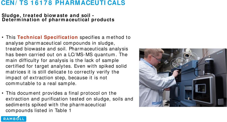 The main difficulty for analysis is the lack of sample certified for target analytes.