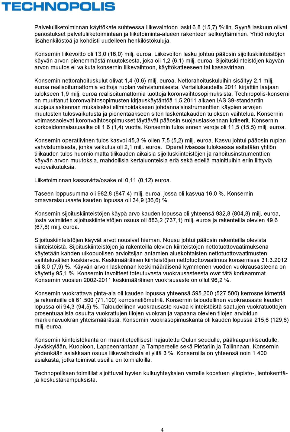 Liikevoiton lasku johtuu pääosin sijoituskiinteistöjen käyvän arvon pienemmästä muutoksesta, joka oli 1,2 (6,1) milj. euroa.