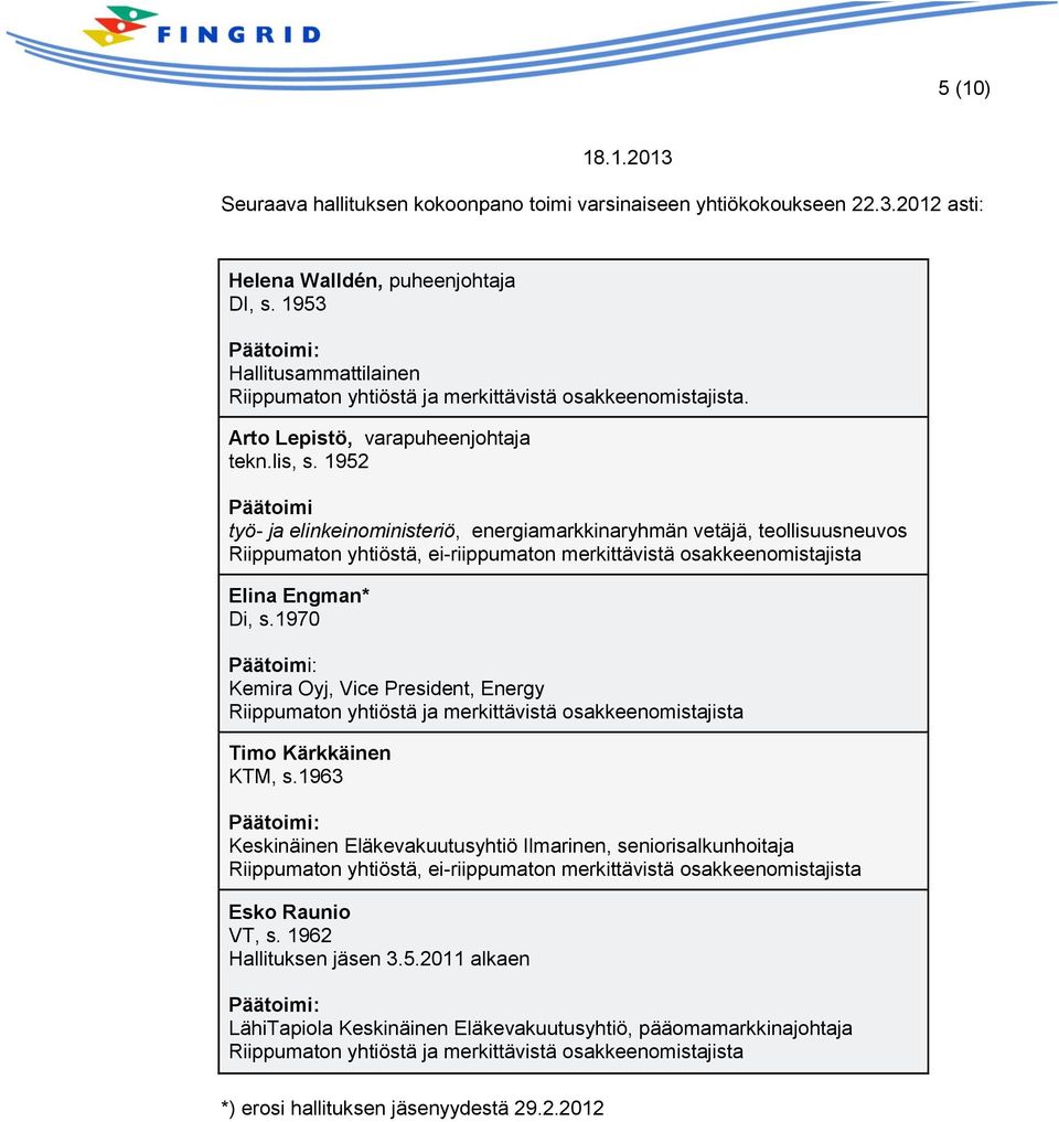 1952 Päätoimi työ- ja elinkeinoministeriö, energiamarkkinaryhmän vetäjä, teollisuusneuvos Riippumaton yhtiöstä, ei-riippumaton merkittävistä osakkeenomistajista Elina Engman* Di, s.