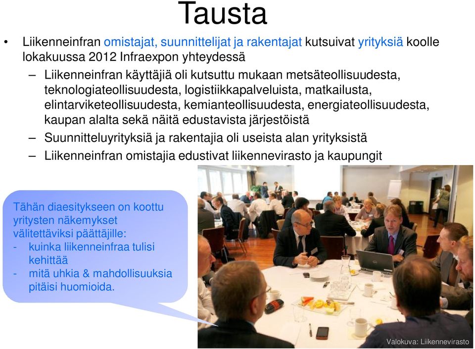 näitä edustavista järjestöistä Suunnitteluyrityksiä ja rakentajia oli useista alan yrityksistä Liikenneinfran omistajia edustivat liikennevirasto ja kaupungit Tähän