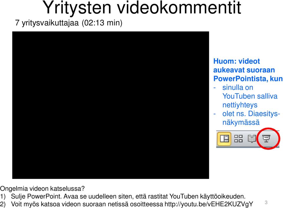 Diaesitysnäkymässä Ongelmia videon katselussa? 1) Sulje PowerPoint.