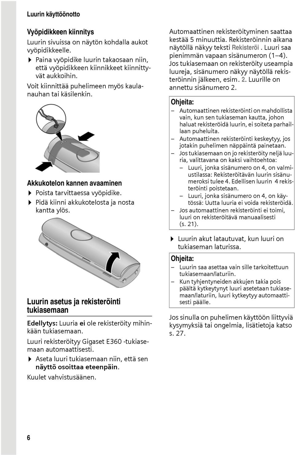 Luurin asetus ja rekisteröinti tukiasemaan Edellytys: Luuria ei ole rekisteröity mihinkään tukiasemaan. Luuri rekisteröityy Gigaset E360 -tukiasemaan automaattisesti.