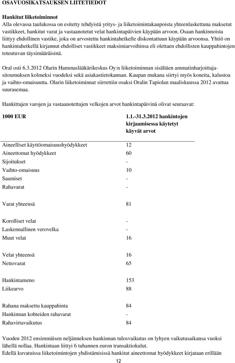 Yhtiö on hankintahetkellä kirjannut ehdolliset vastikkeet maksimiarvoihinsa eli olettaen ehdollisten kauppahintojen toteutuvan täysimääräisinä. Oral osti 6.3.