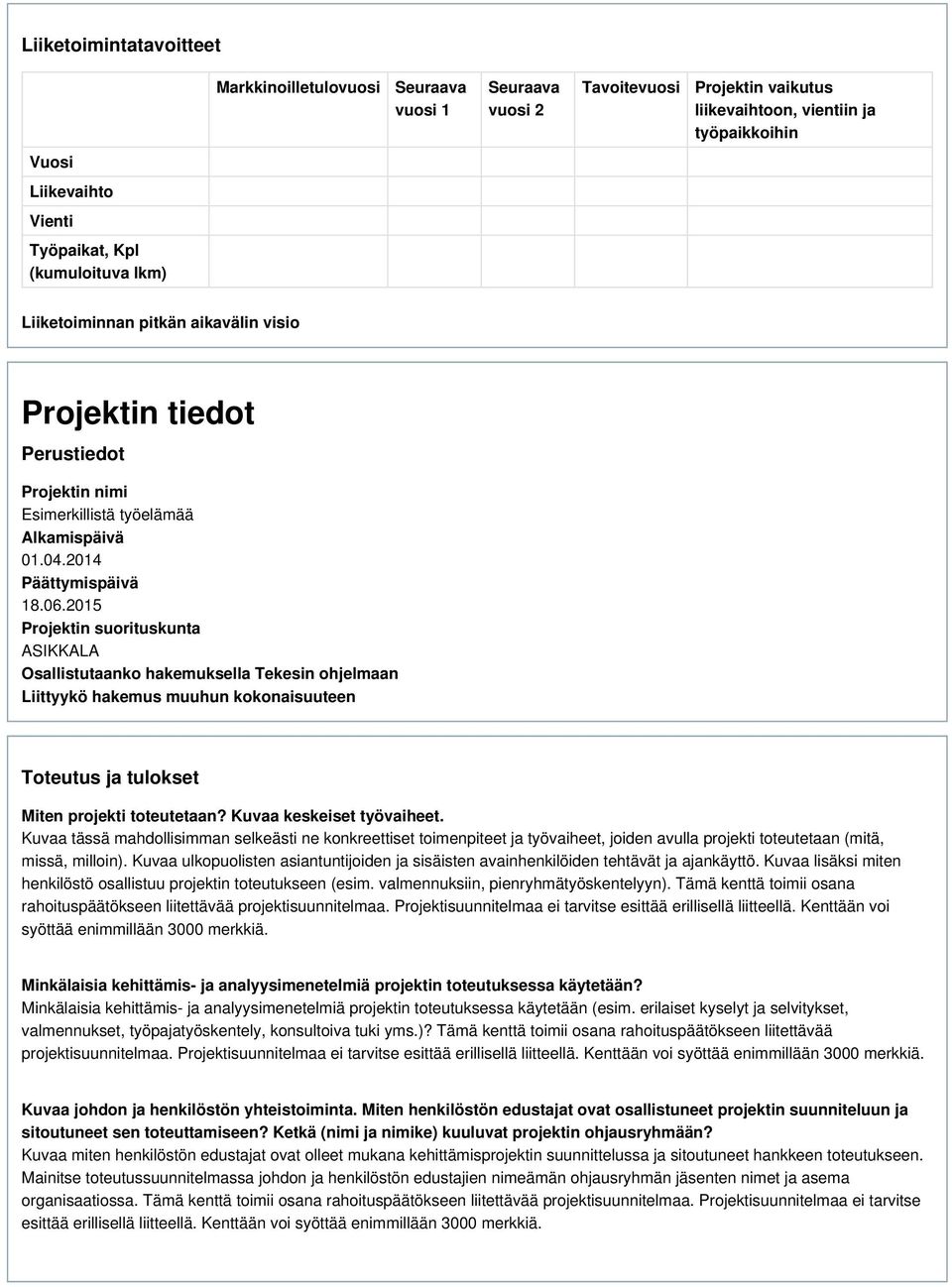 2015 Projektin suorituskunta ASIKKALA Osallistutaanko hakemuksella Tekesin ohjelmaan Liittyykö hakemus muuhun kokonaisuuteen Toteutus ja tulokset Miten projekti toteutetaan?