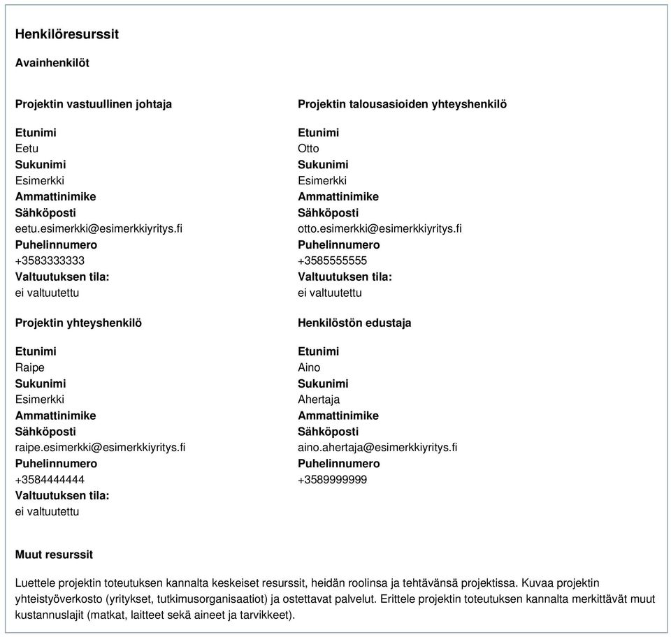 fi +3584444444 Valtuutuksen tila: ei valtuutettu Projektin talousasioiden yhteyshenkilö Etunimi Otto Sukunimi Esimerkki Ammattinimike Sähköposti otto.esimerkki@esimerkkiyritys.