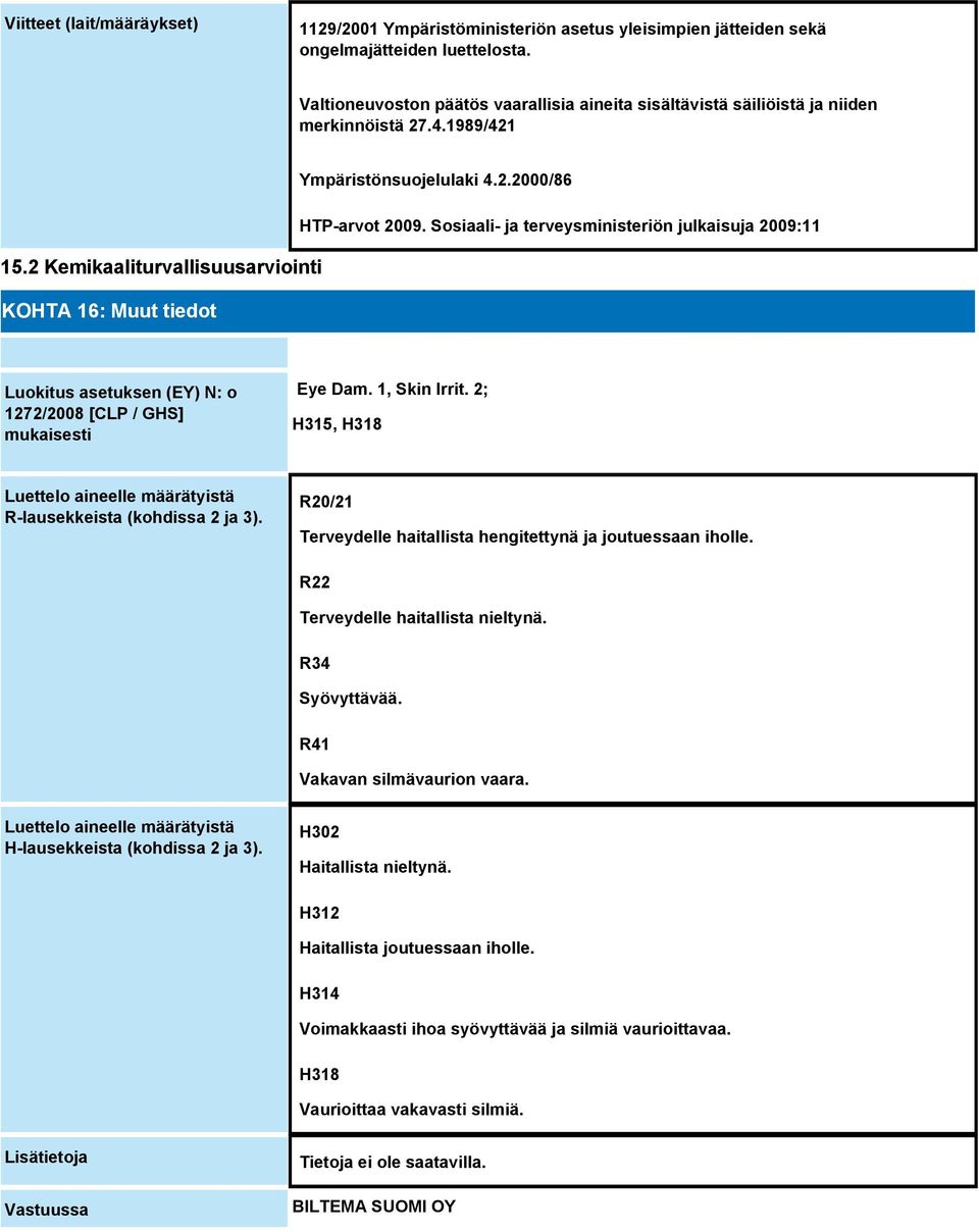 Sosiaali- ja terveysministeriön julkaisuja 2009:11 15.2 Kemikaaliturvallisuusarviointi KOHTA 16: Muut tiedot Luokitus asetuksen (EY) N: o 1272/2008 [CLP / GHS] mukaisesti Eye Dam. 1, Skin Irrit.