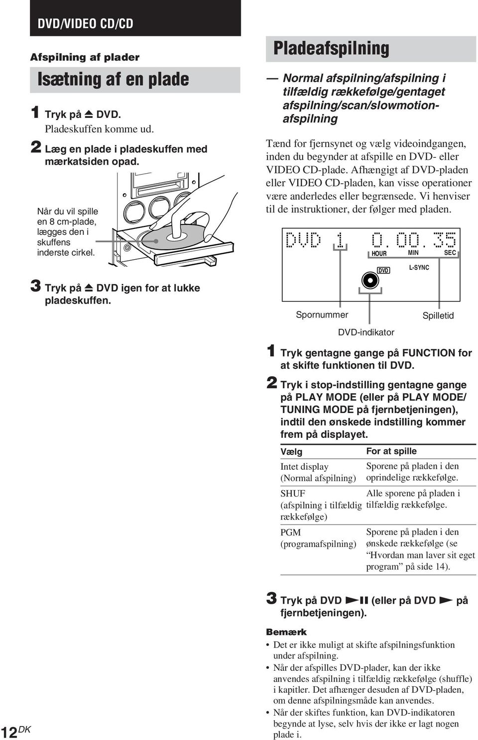 Pladeafspilning Normal afspilning/afspilning i tilfældig rækkefølge/gentaget afspilning/scan/slowmotionafspilning Tænd for fjernsynet og vælg videoindgangen, inden du begynder at afspille en DVD-