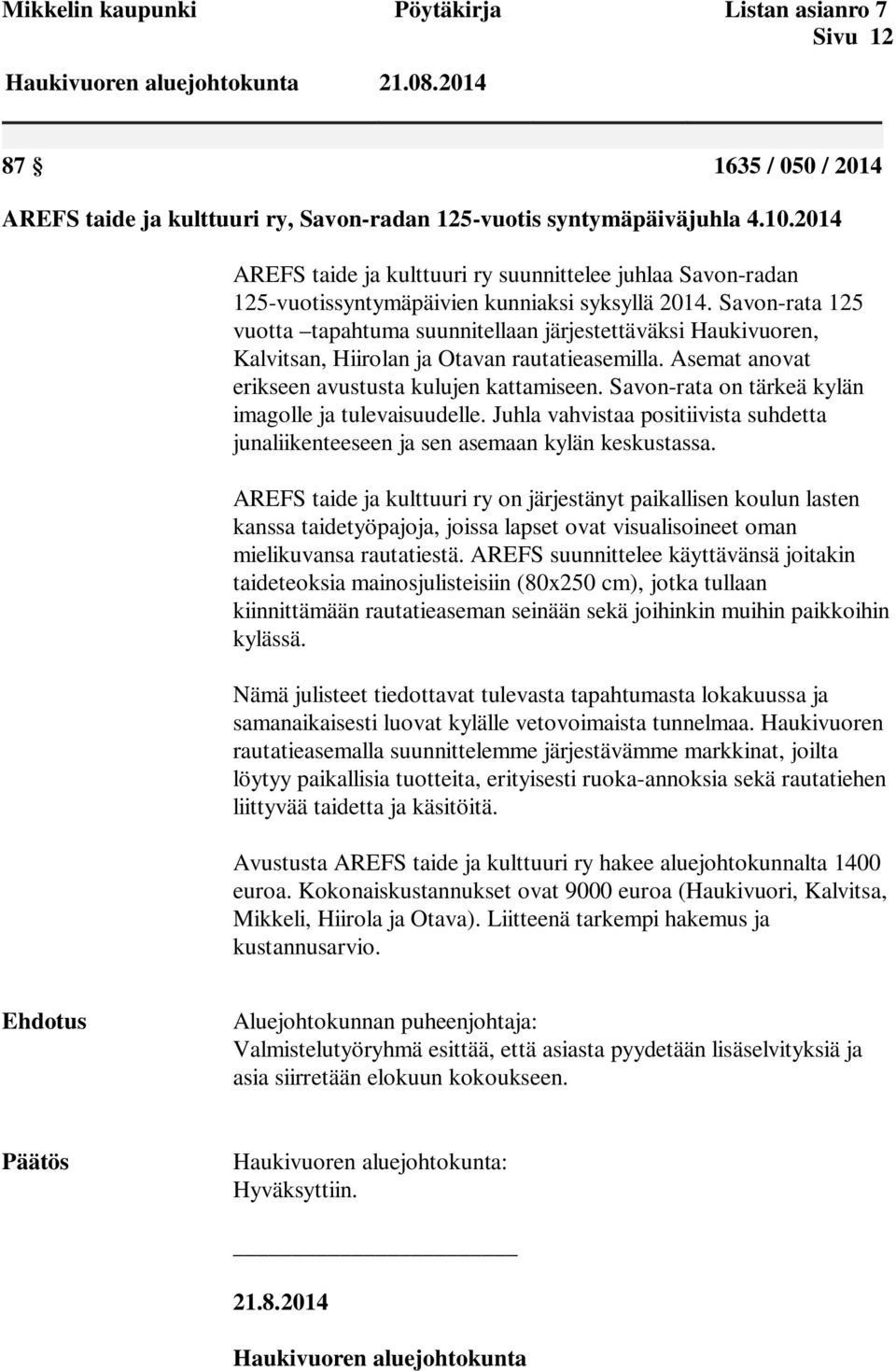 Savon-rata 125 vuotta tapahtuma suunnitellaan järjestettäväksi Haukivuoren, Kalvitsan, Hiirolan ja Otavan rautatieasemilla. Asemat anovat erikseen avustusta kulujen kattamiseen.