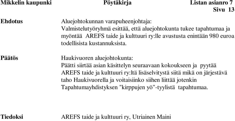 Päätti siirtää asian käsittelyn seuraavaan kokoukseen ja pyytää AREFS taide ja kulttuuri ry:ltä lisäselvitystä siitä mikä on järjestävä