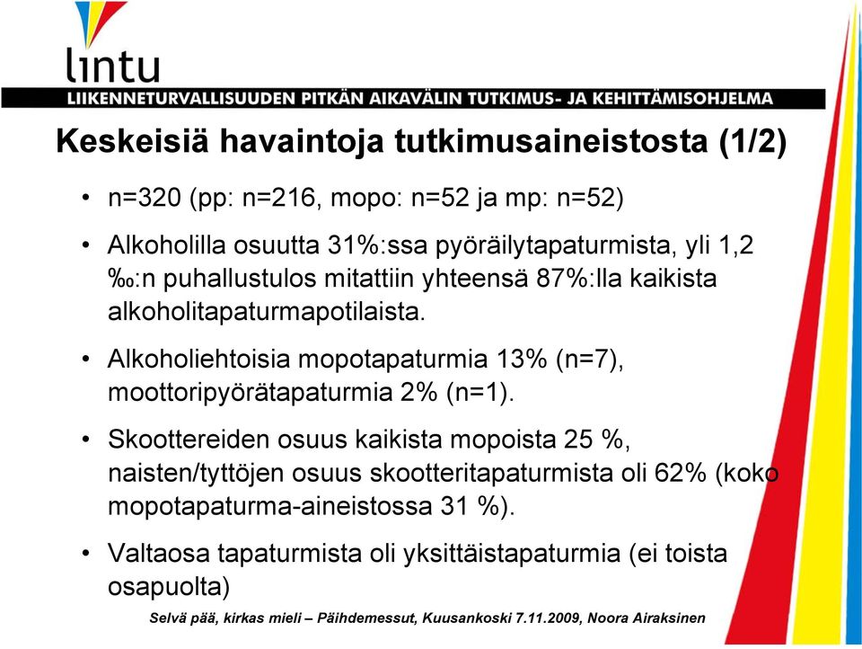 Alkoholiehtoisia mopotapaturmia 13% (n=7), moottoripyörätapaturmia 2% (n=1).