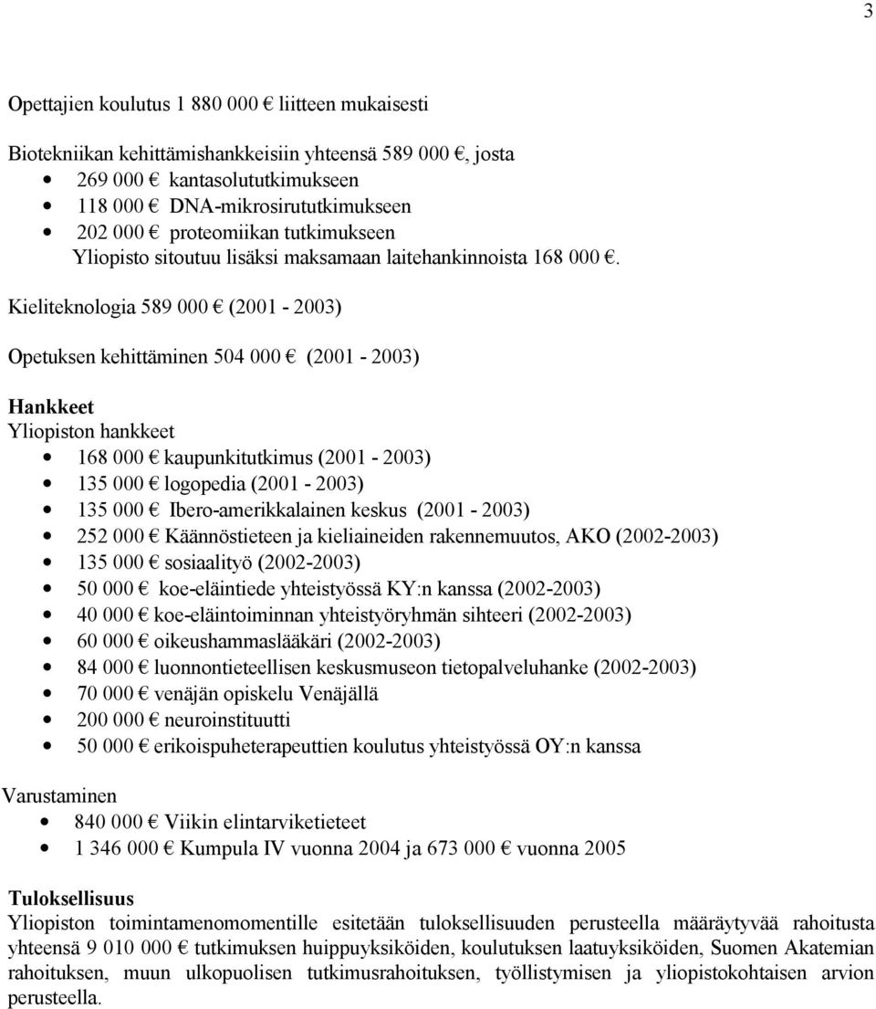 Kieliteknologia 589 000 (2001-2003) Opetuksen kehittäminen 504 000 (2001-2003) Hankkeet Yliopiston hankkeet 168 000 kaupunkitutkimus (2001-2003) 135 000 logopedia (2001-2003) 135 000