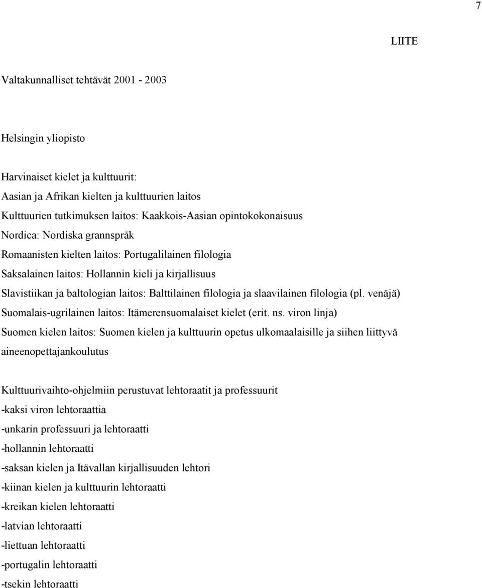 Balttilainen filologia ja slaavilainen filologia (pl. venäjä) Suomalais-ugrilainen laitos: Itämerensuomalaiset kielet (erit. ns.